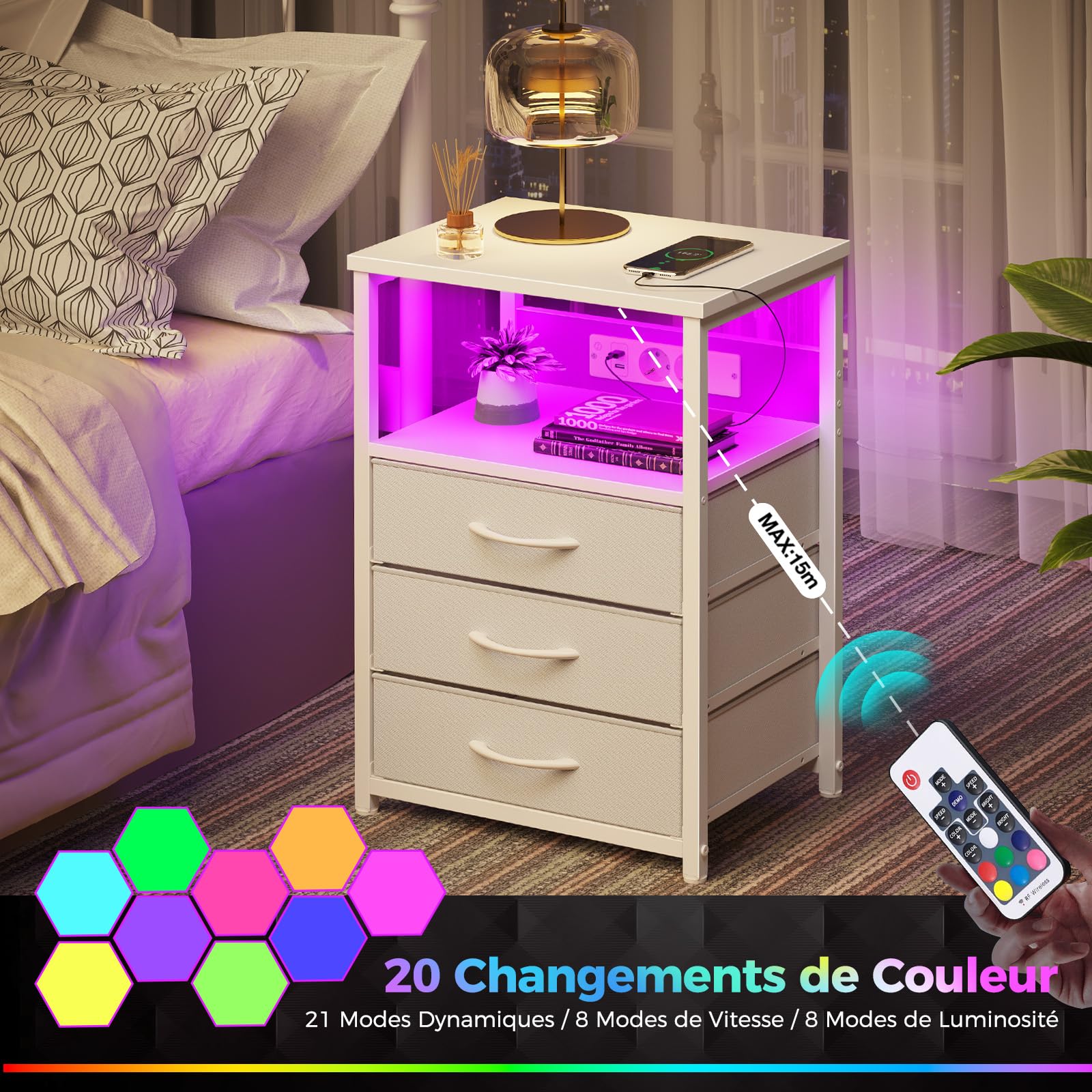 Rolanstar Chevet avec Chargeur, LED Intégrée, 2 Tiroirs en Tissu et 3 Niveaux de Rangement, Table de Nuit Moderne pour Chambre à Coucher, Blanc