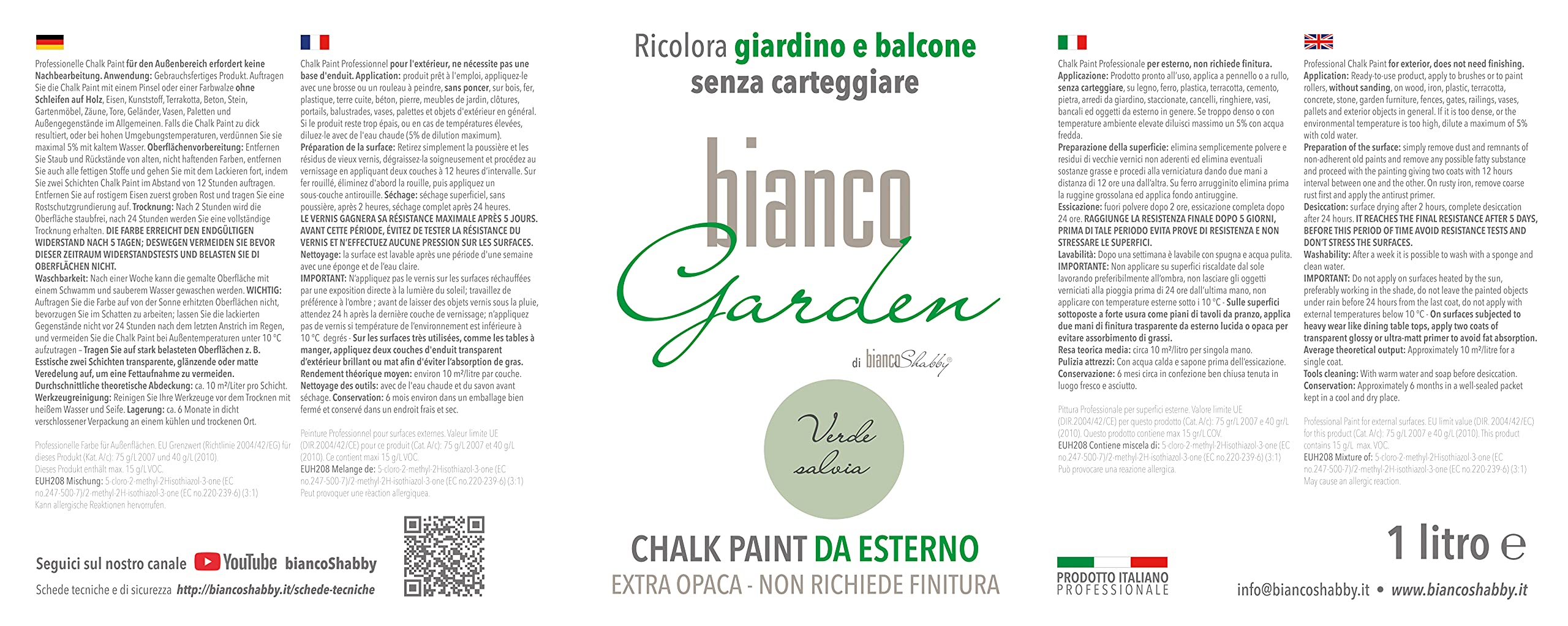 biancoShabby® Chalk Paint Verde Salvia - Pintura especial para exteriores - BiancoGarden - Restaura el jardín y el balcón sin pintar y sin acabado (1 litro)