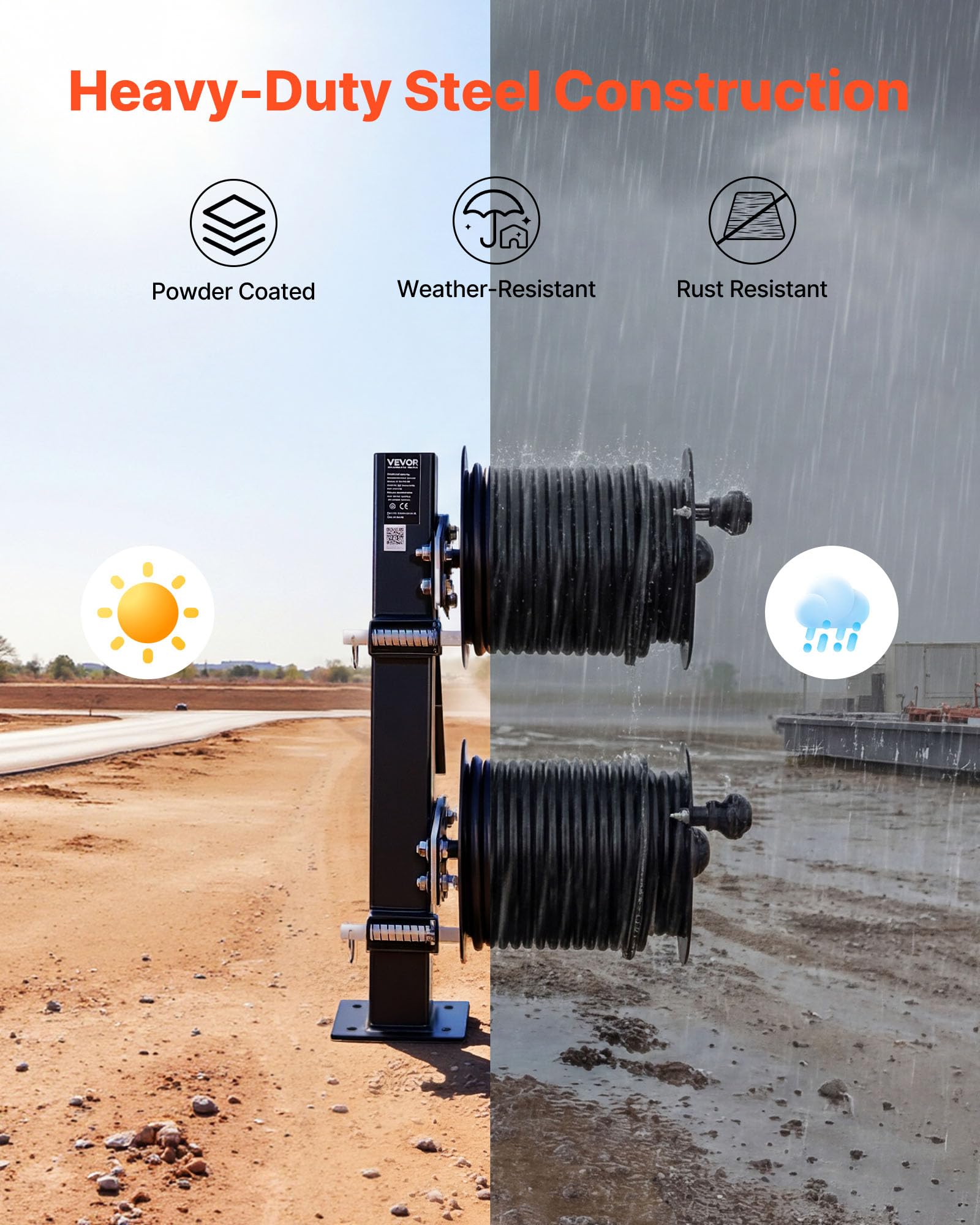 VEVOR Carrete de Cable de Soldadura Doble, Enrollador de Manguera de Acero para 45,7 m (50 mm²) y 38 m (70 mm²), con Pasador de Bloqueo para Camiones de Servicio, Mantenimiento de Flotas y Obras