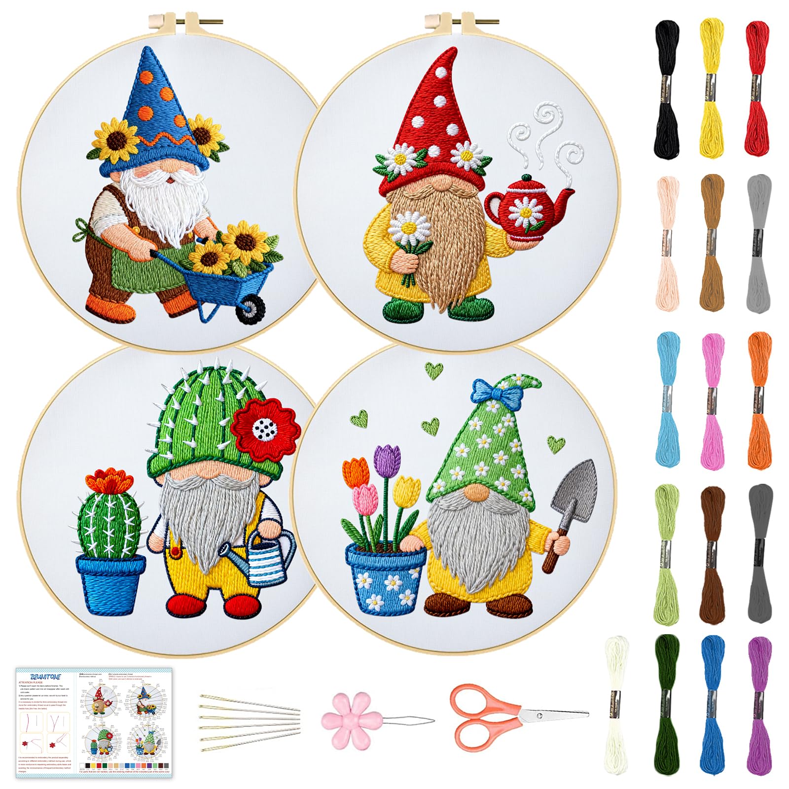 BEUNITONE Spring Gnome Embroidery Kit for Beginners, DIY Stamped Cross Stitch Craft with 4 Pre-Printed Designs, Complete All-in-One Set Including Threads, Needles, Fabric for Home Decor