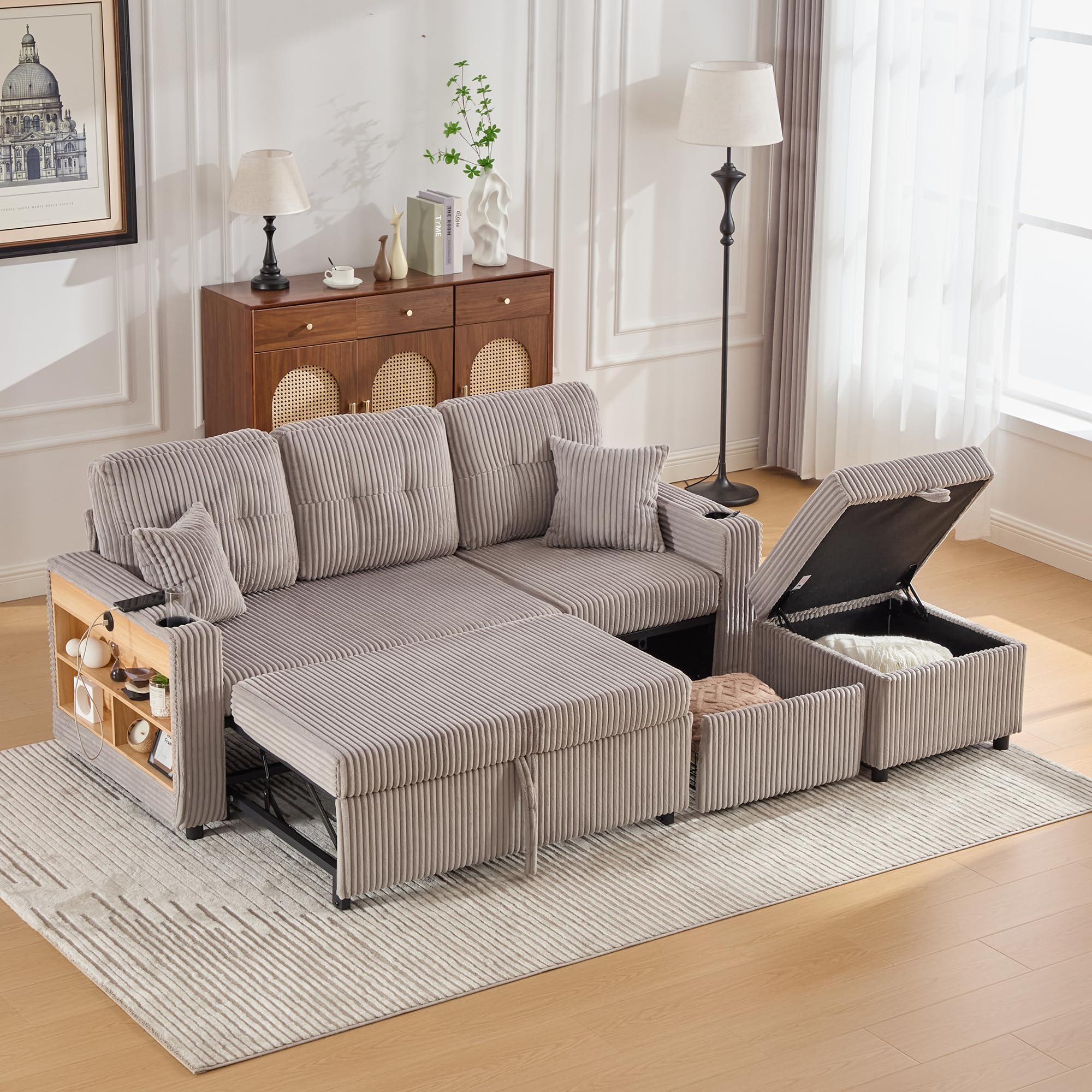Divano in Velluto a Coste con Contenitore e Letto estraibile, Divano Letto con Porta USB-C e LED, Portabicchieri e Ampi braccioli, Sofa Soggiorni, Divano a 3 Posti, letto Matrimoniale,Grigio chiaro