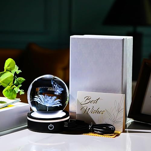 Miniatura 6 de Enjinkail Bola de cristal 3D, regalo de mariposa para mujeres y hombres, girasoles de cristal, adorno de animales, decoración del hogar con base LED