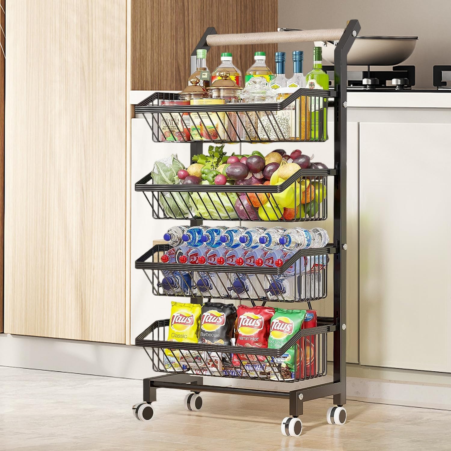Exrp Snack Cart with Wheels 4-Tier Adjustable Fruit Rack Fruit Vegetable Basket Cart Metal Wire Storage Cart Rolling Pantry Utility Kitchen Cart