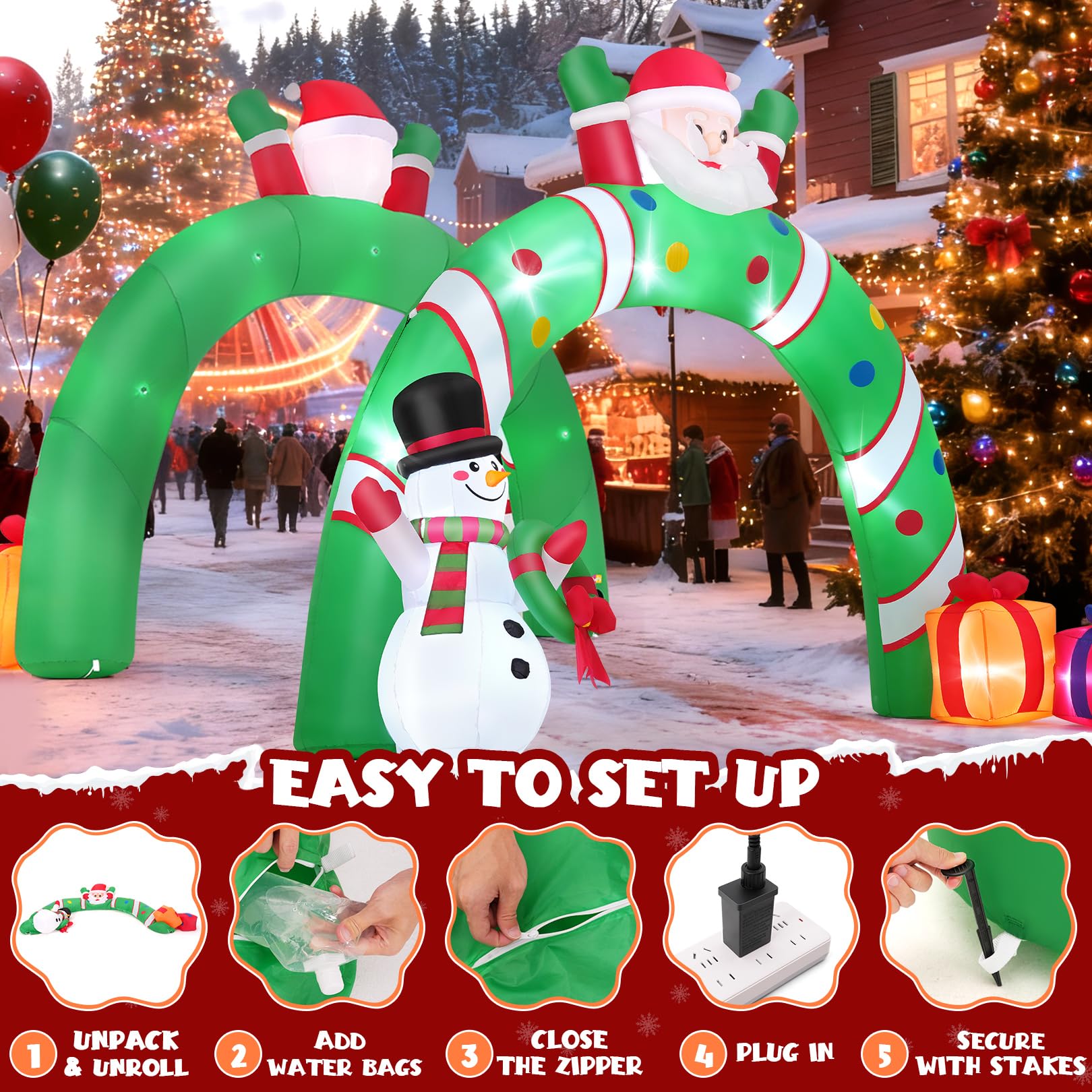 Arche gonflable de Noël de 3 m - Décoration extérieure géante - Père Noël - Avec bonhomme de neige et boîte cadeau - Effet d'éclairage LED en croix intégré pour Noël, fête, cour, jardin, pelouse