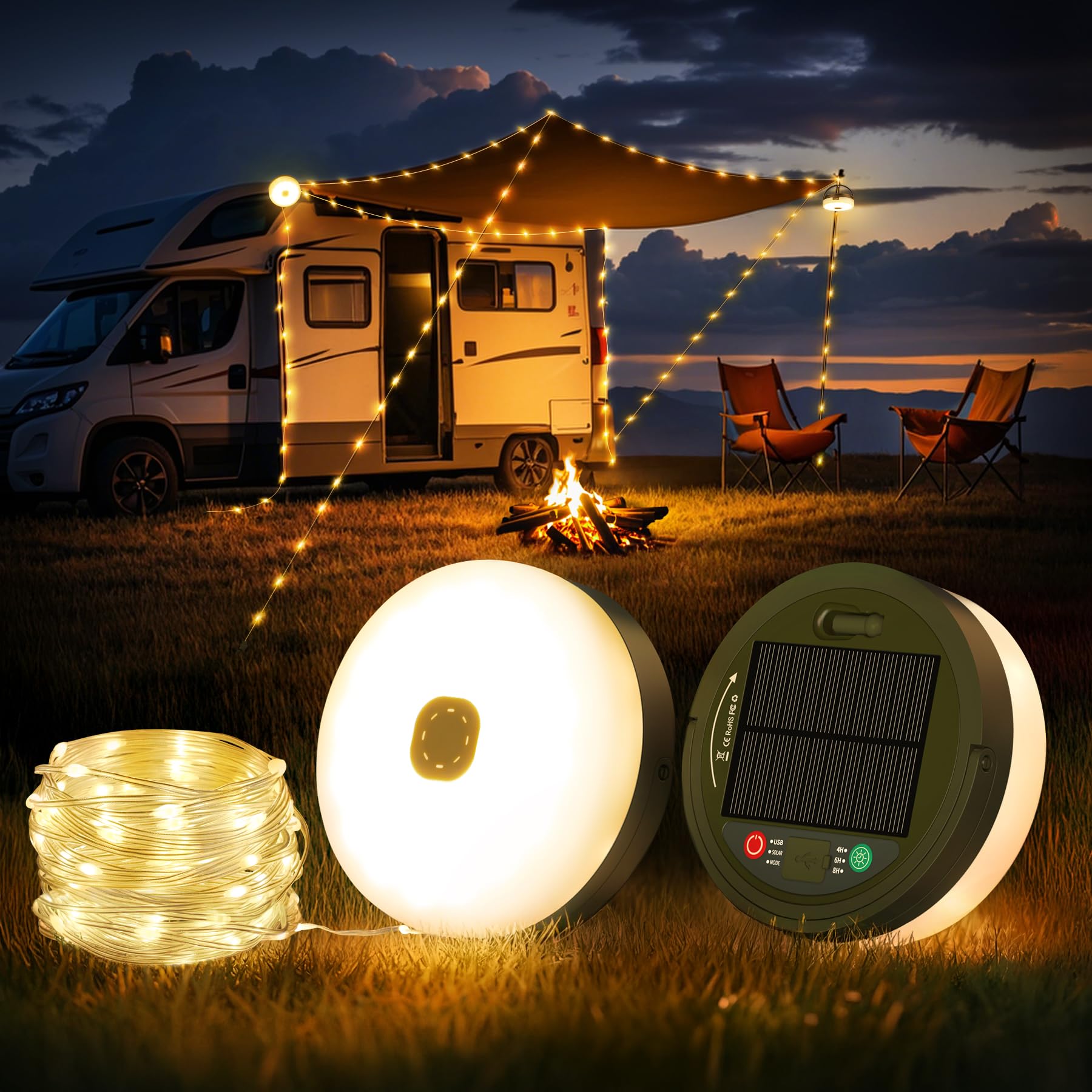 FOMYHEARD Camping Lichterkette Aufrollbar, Tragbare 4 in 1 Lichterkette Außen Camping Gadgets 10M 13 Beleuchtungsmodi Wasserdicht Lichterkette USB Aufladbar Camping Licht für Hof, Wohnmobil, Wandern