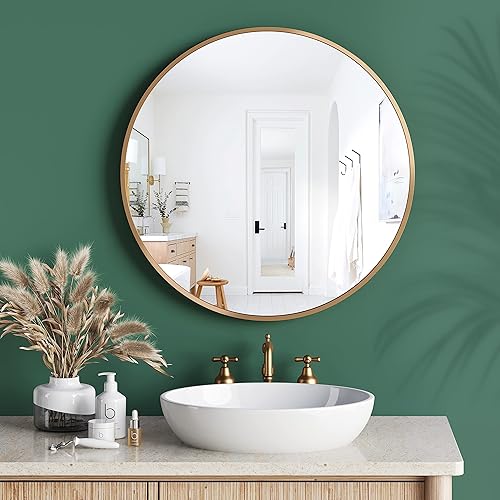 Miniatura 7 de Barnyard Designs Espejo redondo de metal, espejos de pared para tocador de baño, espejo circular para escritorio, espejo de dormitorio con marco de