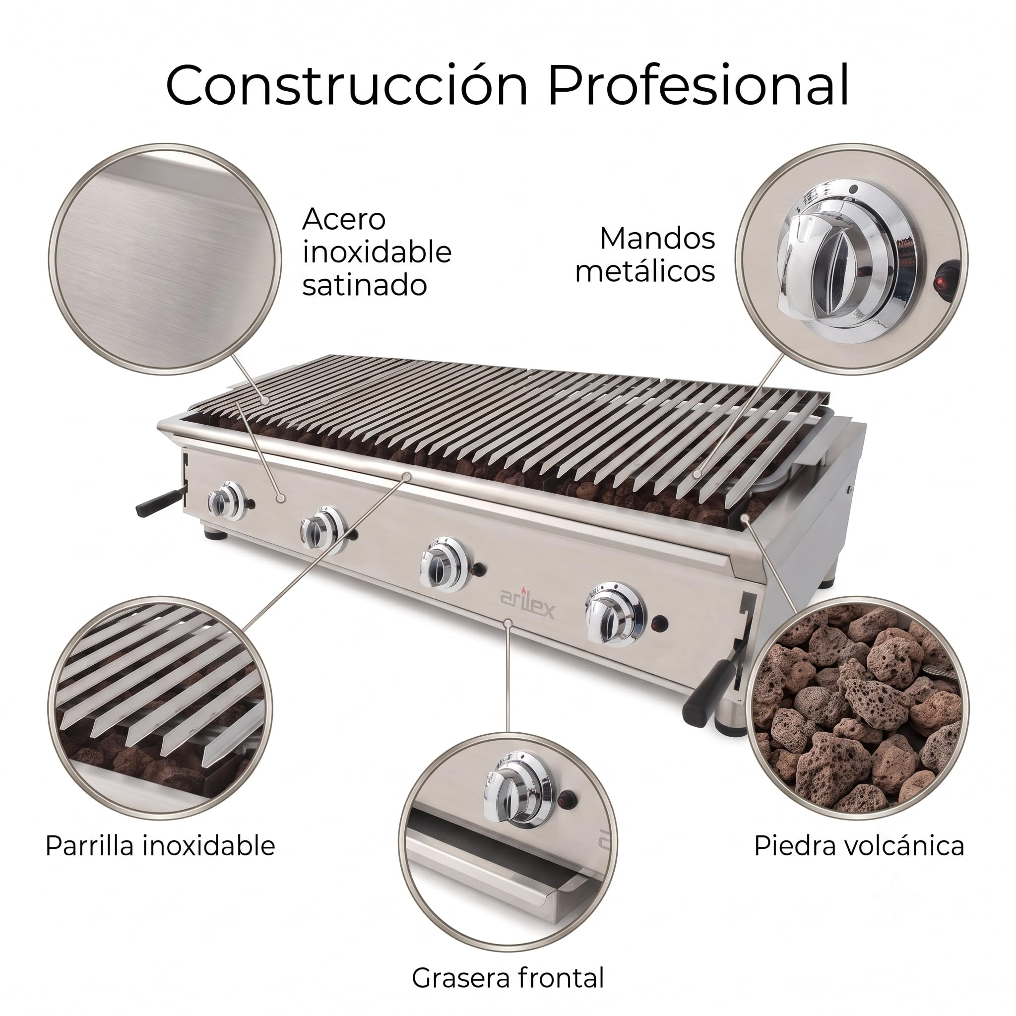 Barbacoa de Gas Profesional 130 cm con Piedra Volcánica | Parrilla de Acero Inoxidable Regulable en 3 Alturas | 8 Quemadores | BBQ Gas de Sobremesa para Hostelería, Hoteles y Catering | 130BAR
