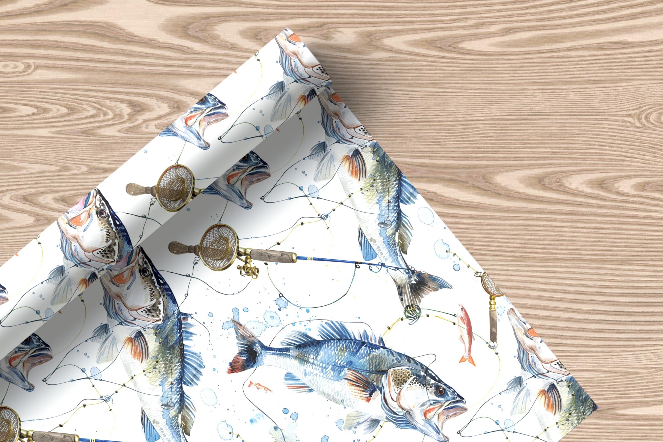 Fishing Wrapping Paper Sheet, Bass Fish & Fishing Rods on White, Ideal for Anglers, Fishermen, Fathers Day & Birthday Gifts - W89 (Large Sheet - 58 x 85cm / 22.8" x 33.4" inches)