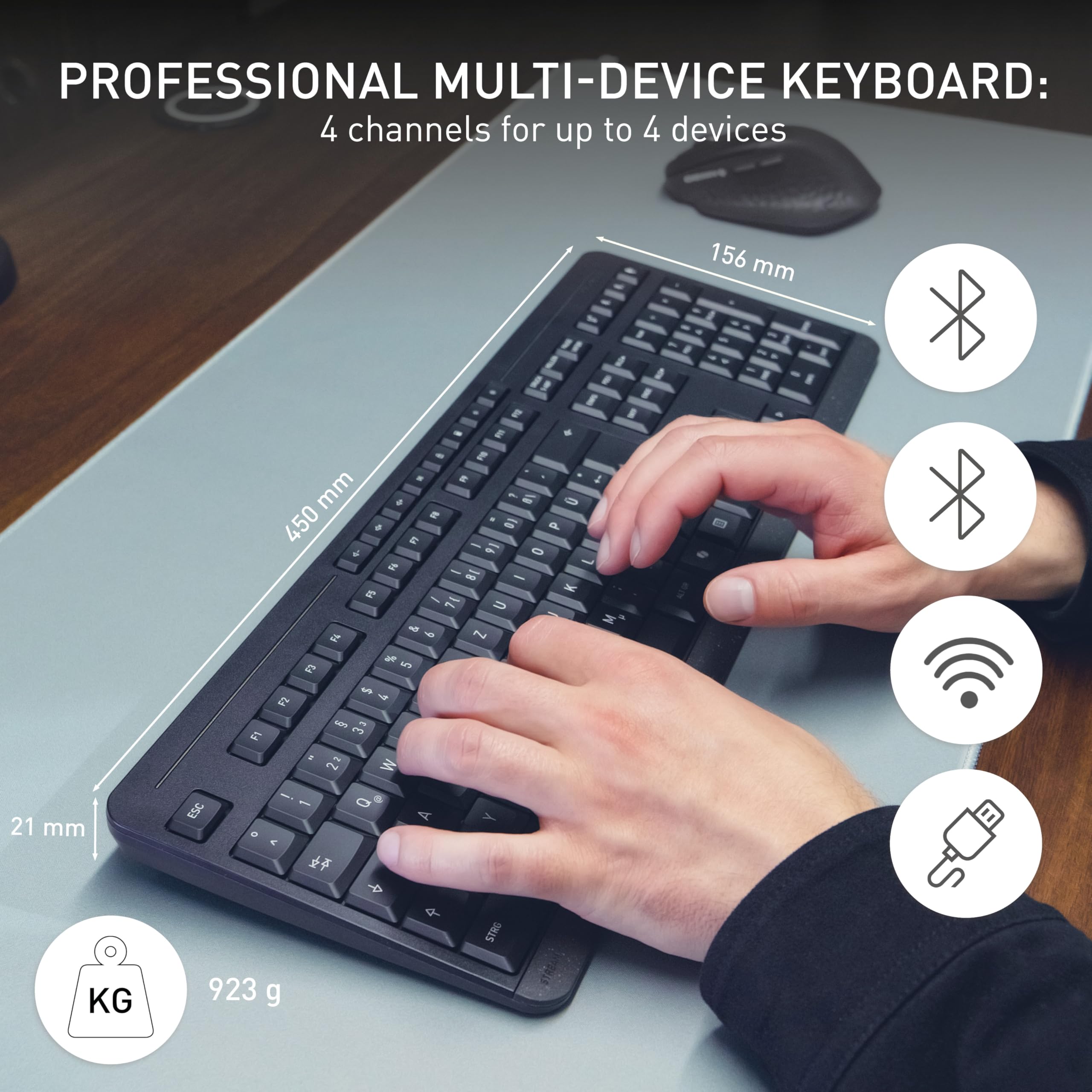 CHERRY STREAM KEYBOARD ULTIMATE, Bezprzewodowa Klawiatura Obsługująca do 4 Urządzeń, Układ US (QWERTY), Bluetooth, 2,4 GHz i Kabel, Podświetlana, Czarny