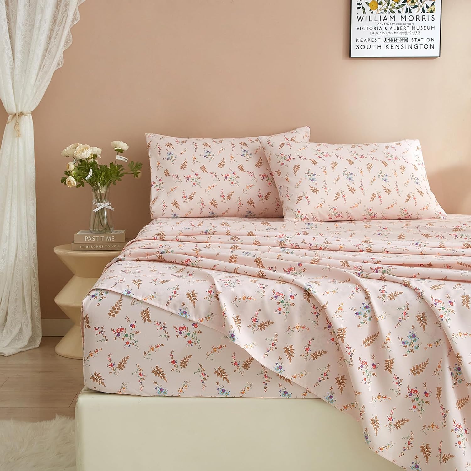 California King Bed Sheets Pink Floral Sheets - 4 Piece Bed Sheet and Pillowcases Set - Cooling Bed Sheet Set Extra Deep Pocket up to 16" - Luxury Bedding Set Floral Sheets Set