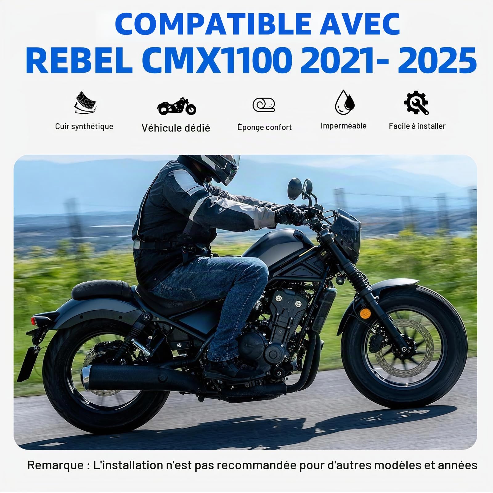 DREAMIZER Coussin pour Siège Moto Solo Siège Conducteur Coussin Gel Confort Siège Absorbant Les Chocs Compatible avec Honda Rebel 1100 Cmx1100 2017-2025