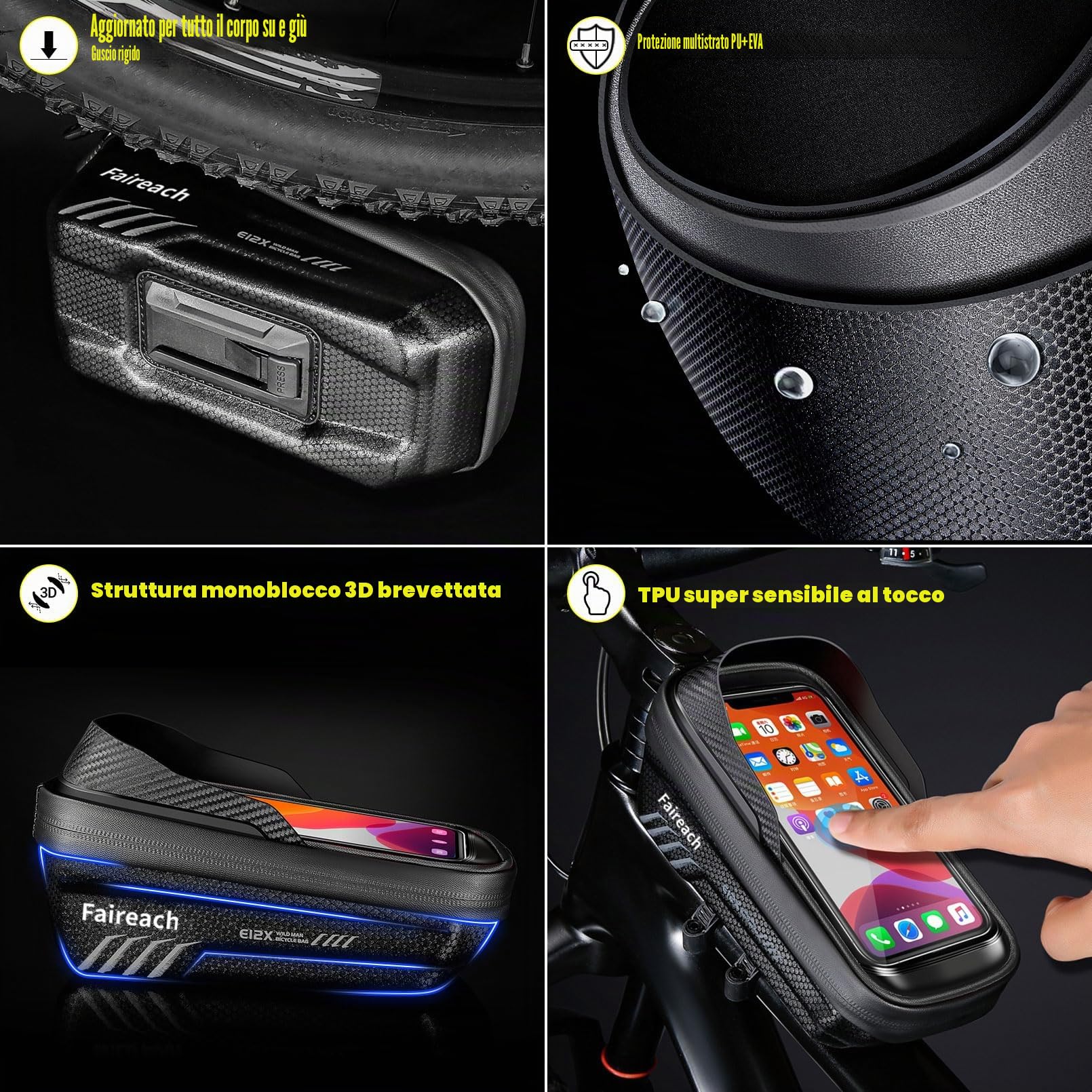 Borsa Bici Telaio Sgancio Rapido, Borsa Manubrio Bici Impermeabile, Porta Telefono Bici con 2L Grande Capacità, Copertura Antipioggia & Funzione Touch Screen/Face ID, per Smartphone da 6,8''