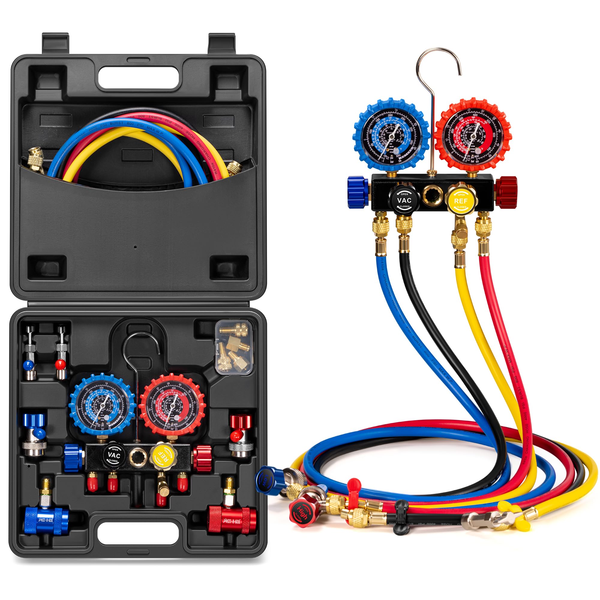 VIVOHOME 4 Way HVAC Gauges with R134a R1234yf Quick Couplers and Can Taps