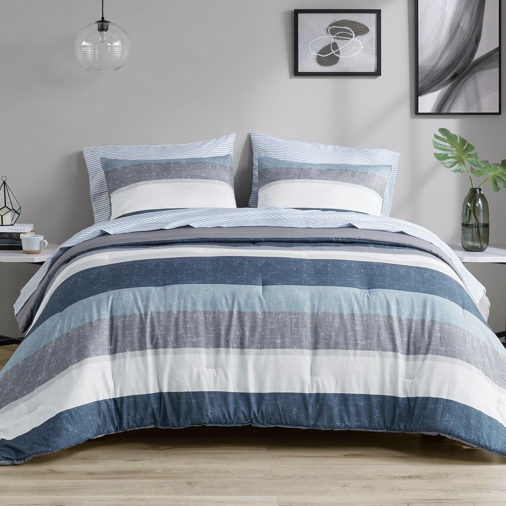 Madison Park Essentials Jaxon Twin Comforter Set, Bed In A Bag Comforter & Sheet Set, Modern Casual Stripes Print, All Seasons, Soft Microfiber Bedding Makeover, Matching Sham, Twin, Blue/Grey 5 Piece