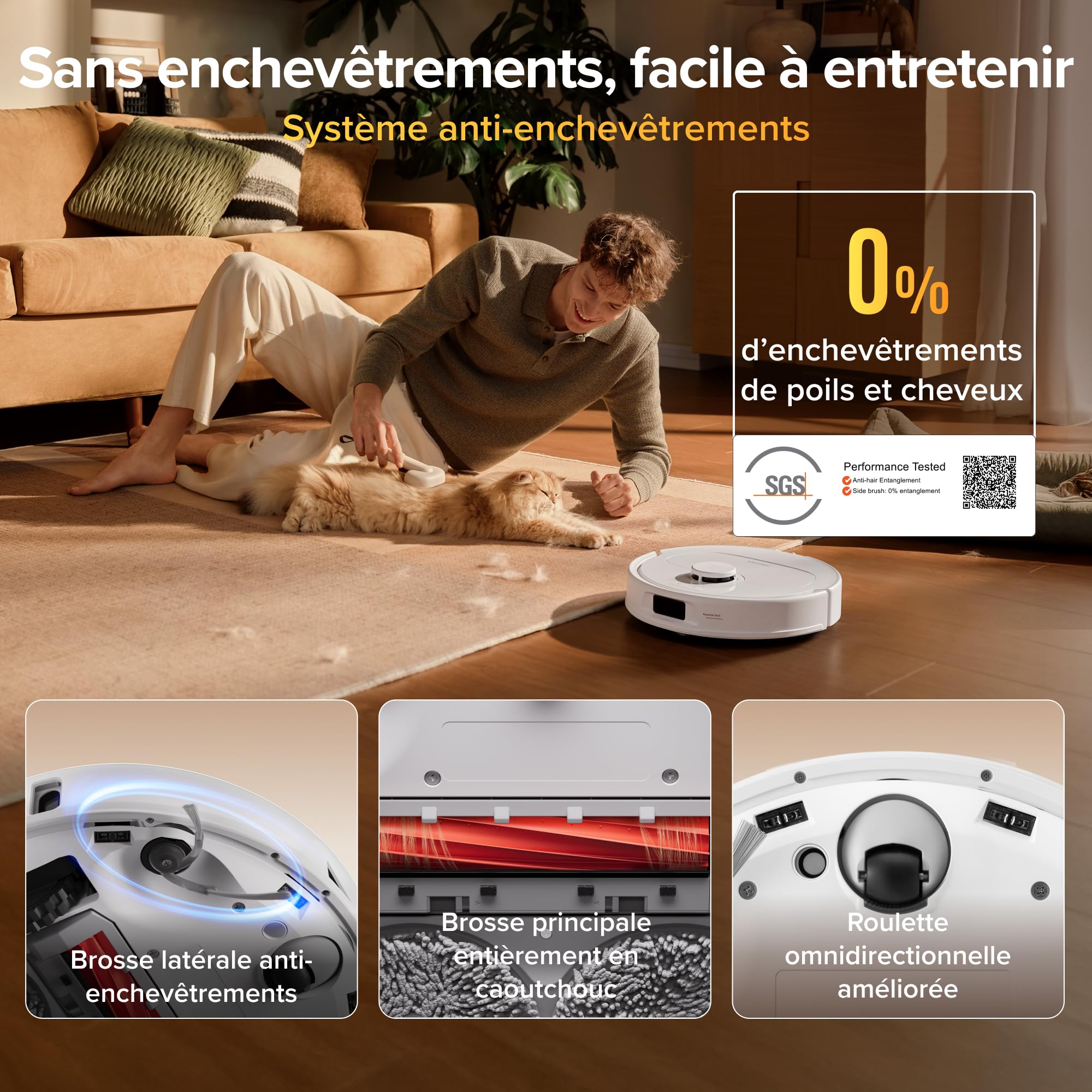 roborock Qrevo S Pro Robot Aspirateur Laveur, 18 500 Pa, 45 °C Séchage à l’air Chaud, 75 °C Autonettoyant à Haute Température, Évitement d'obstacles et Navigation Intelligente, Anti-enchevêtrements - 4