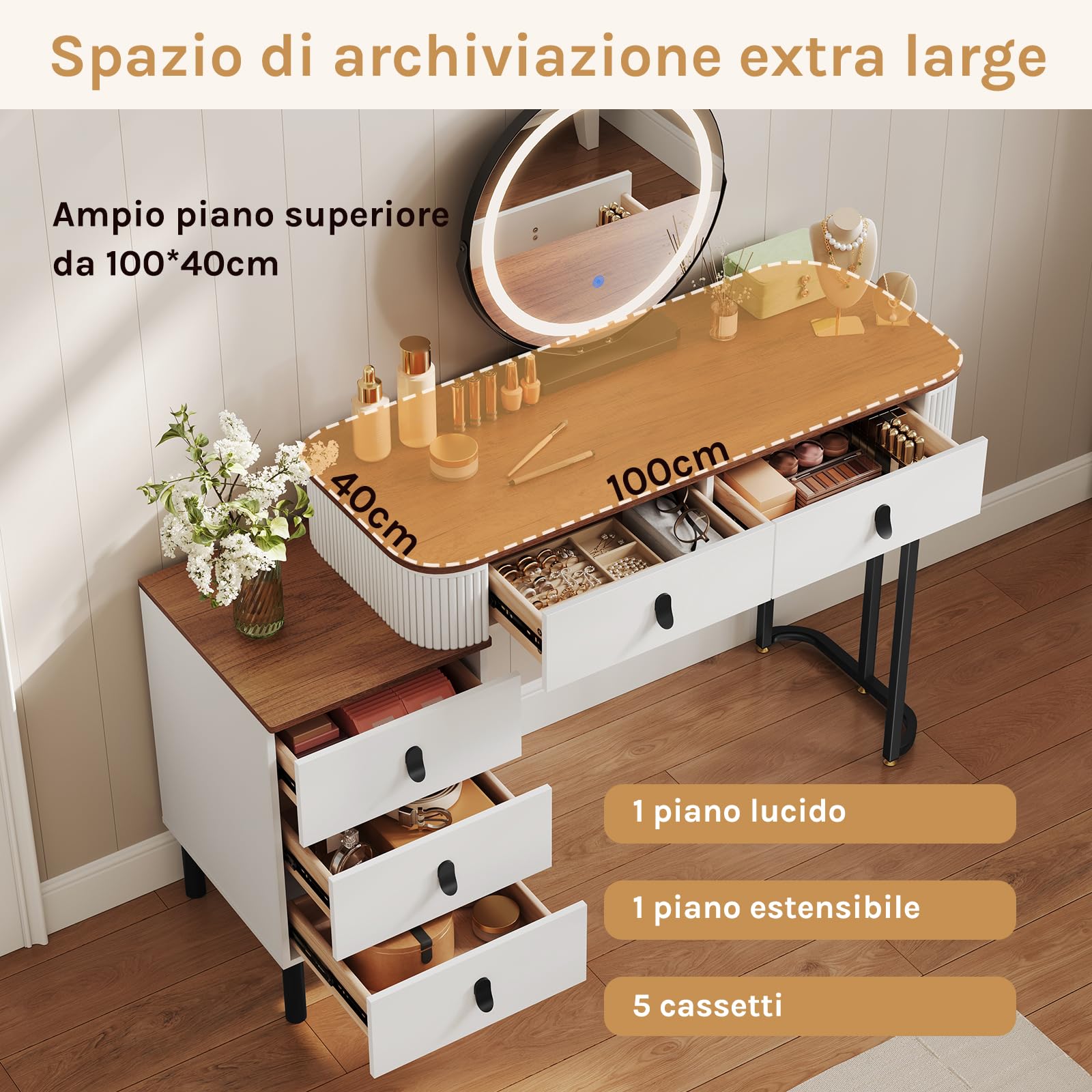 WOLTU Postazione Trucco, Toeletta con Luci Dimmerabili, con Specchio Rimovibile, Consolle da Trucco per Donna, Cassettiera Spostabile