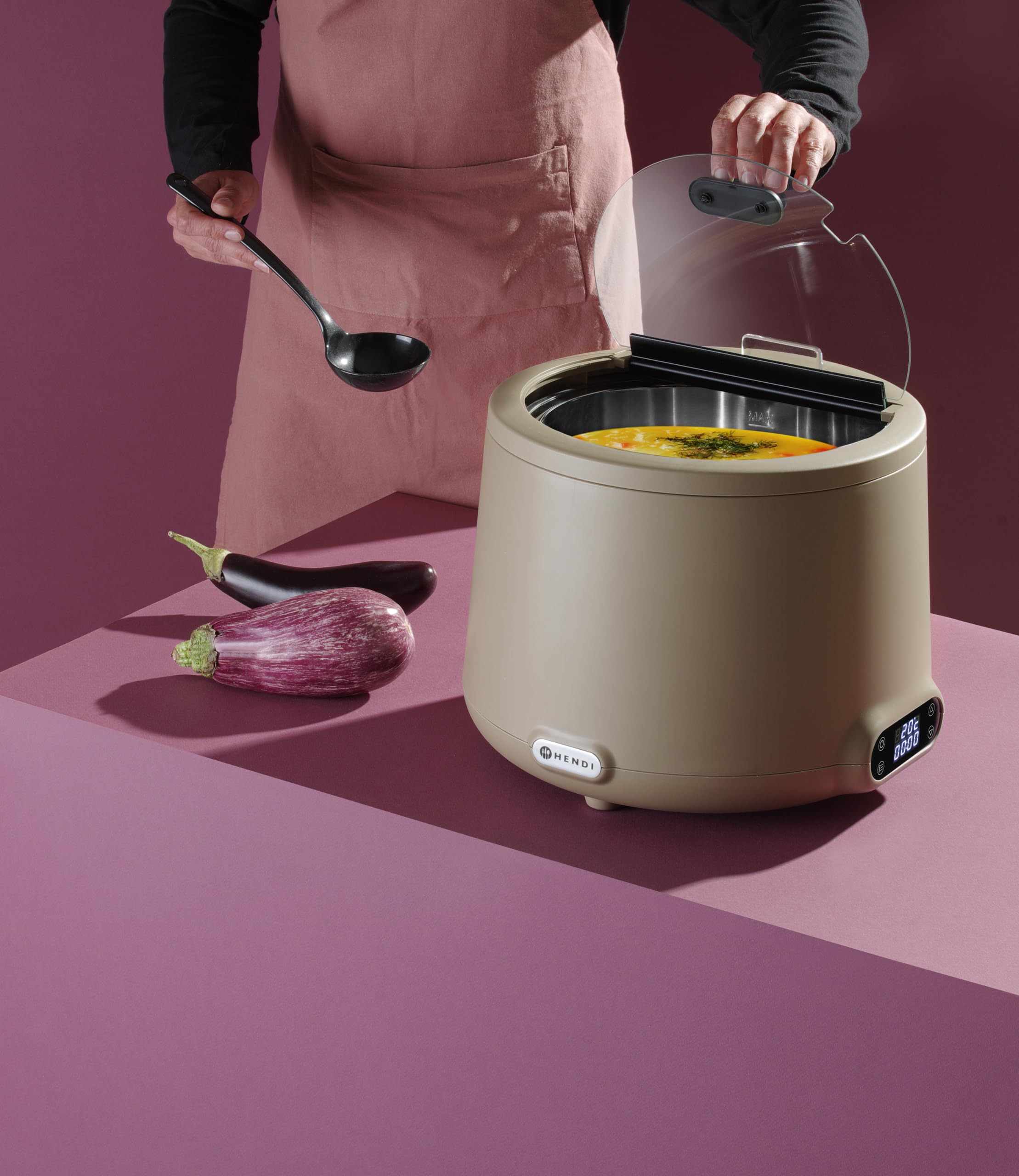 HENDI Suppenkessel, UNIQ, herausnehmbarer Behälter, integrierter Glasdeckel, Temperaturbereich: von 35° bis 85°C, Suppentopf, Suppenwärmer, 8L, 220V/500W, ø365x(H)325mm, Edelstahl, PP, beige