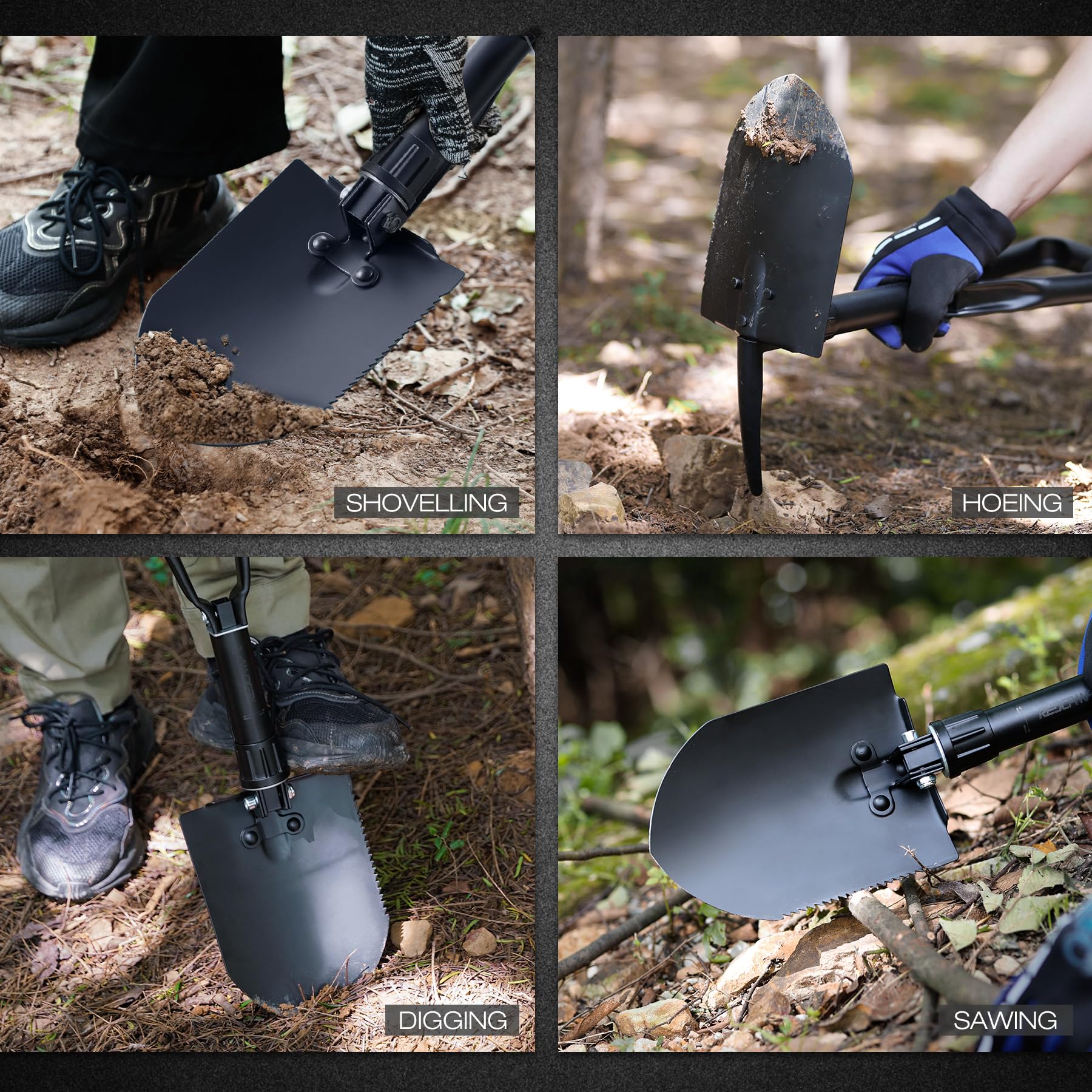 REDCAMP Pelle de camping pliante de survie de 58,4 cm avec housse, pelle robuste en acier au manganèse, outil d'enfoncement tactique avec poignée à trois volets, noire, 1,4 kg