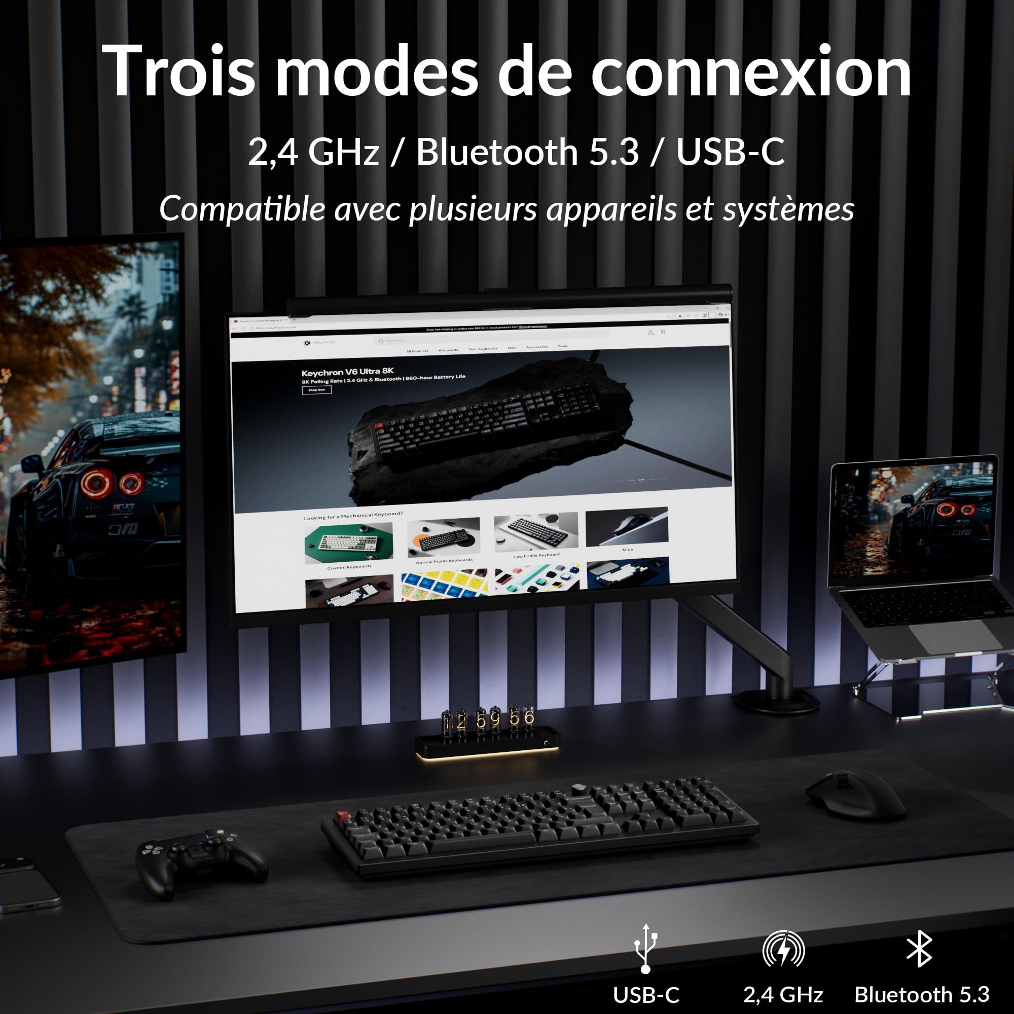 Keychron V6 Ultra 8K Clavier Mécanique sans Fil, 100% ISO-FR Layout, 8000 Hz, 2,4 GHz/Bluetooth 5.3/Filaire, RGB, ZMK/Launcher, Clavier AZERTY pour Windows et macOS, Interrupteur Silk Pom Marron