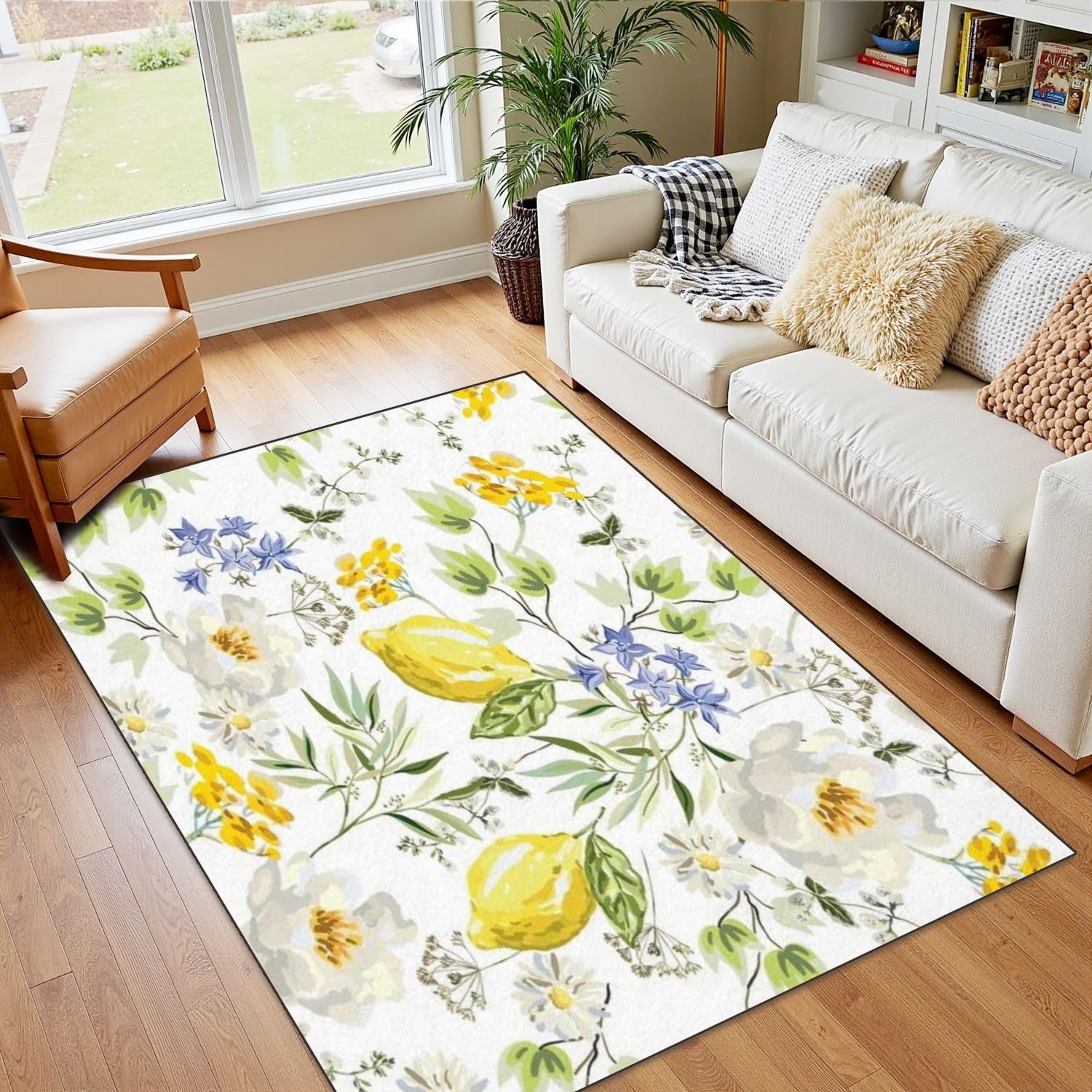 4x5 Boho Rug Rugs for Living Room Rugs for Entryway Peony Yellow Flowers Lemon Fruits Green Leaves White Floral Yellow Bedroom Rug Door Mat Nursery Room Decor Rainbow Carpet