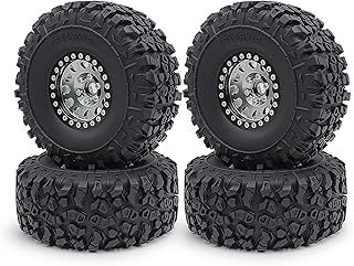 AXSPEED 1.9inches CNC Metal Beadlock Wheel Rims with 114mm Rubber Tires Set for 1/10 Axial Scx10 D90 D110 TRX-4 RC Crawler Car (Black & Titanium)