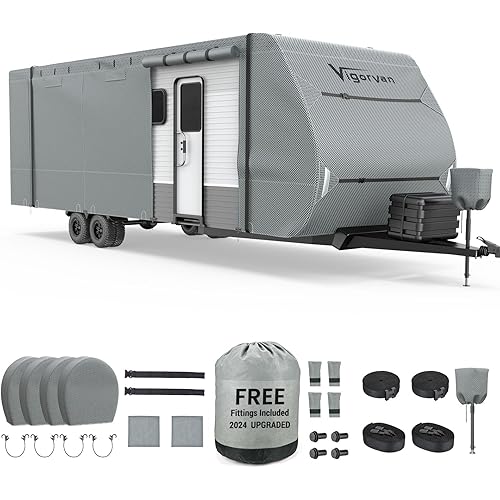 RV Cover, Upgraded Super Thick Travel Trailer Cover Fits 24'1''-27', Heavy Duty Camper Cover with Jack Cover & Tire Covers & Gutter Covers for Waterproof, Windproof, Rip-Stop