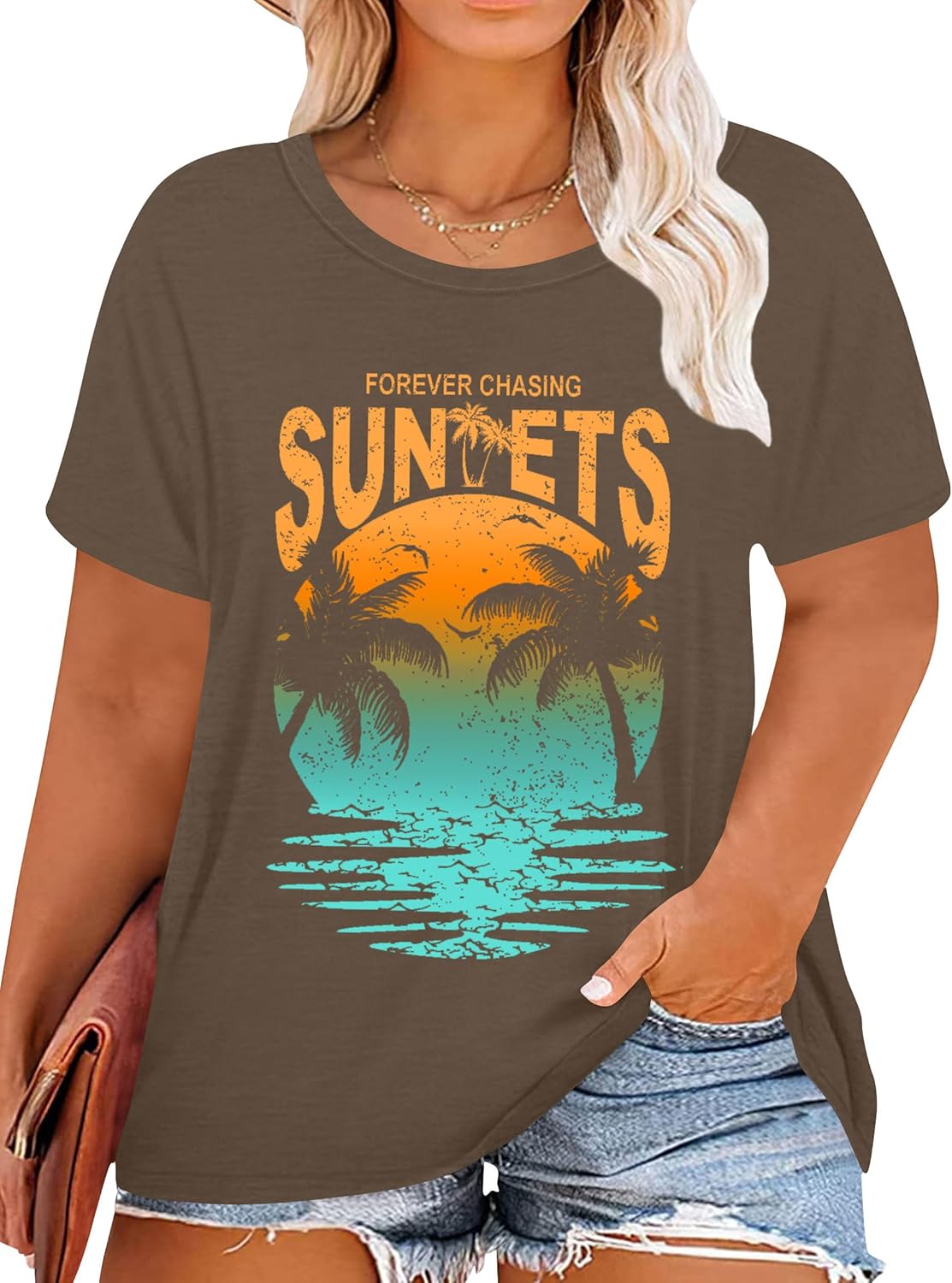 Plus Size Sunset Shirt Women: Summer Graphtic Tshirt Funy Saying Letter Tees Beach Short Sleeve Tops