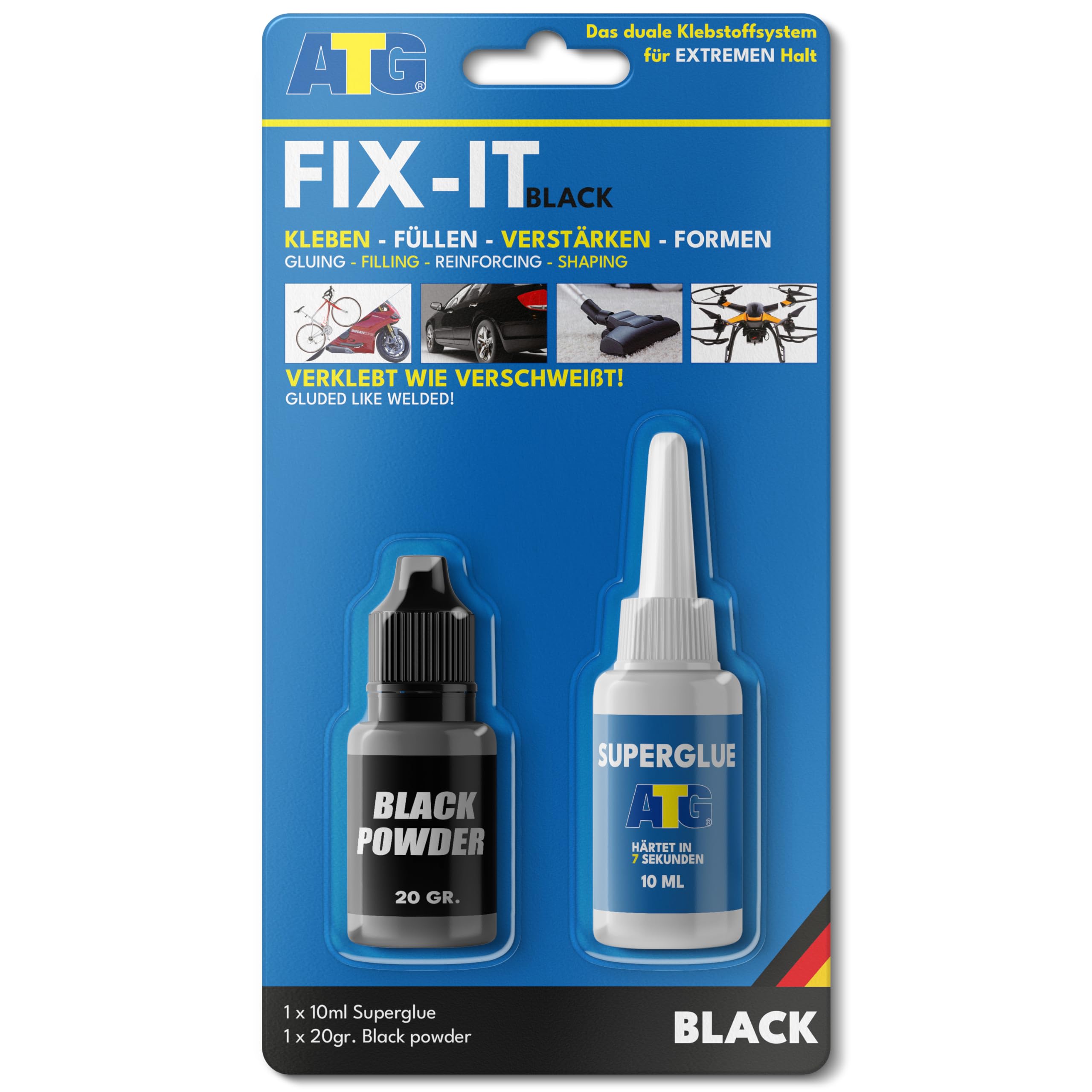 ATG FIX-IT Sekundenkleber extra stark – 2 Komponenten Kleber mit Granulat, 2K Kleber für Metall, Kunststoff, Glas & Keramik, wasserfest & hitzebeständig | 10 ml + 20 g