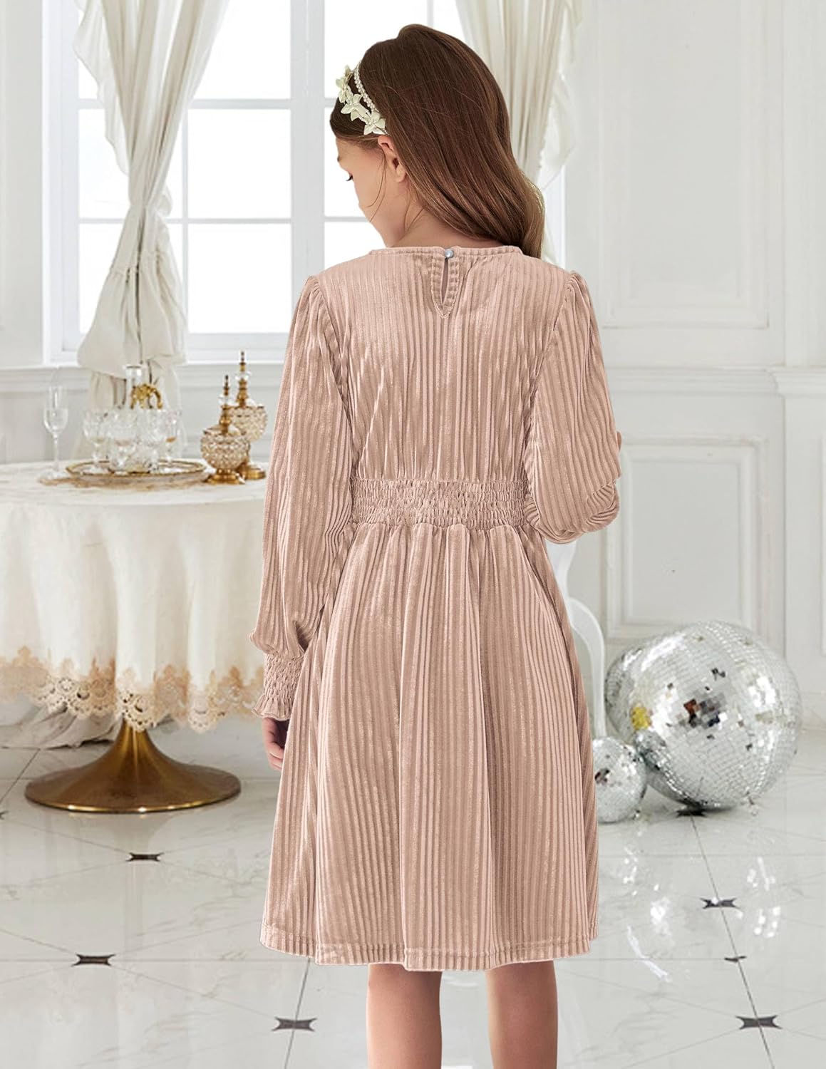 Arshiner Girls Long Sleeve Dress Velvet Crew Neck Midi Fall Vintage Plain Dress for Kids 4-13Y - Image 3