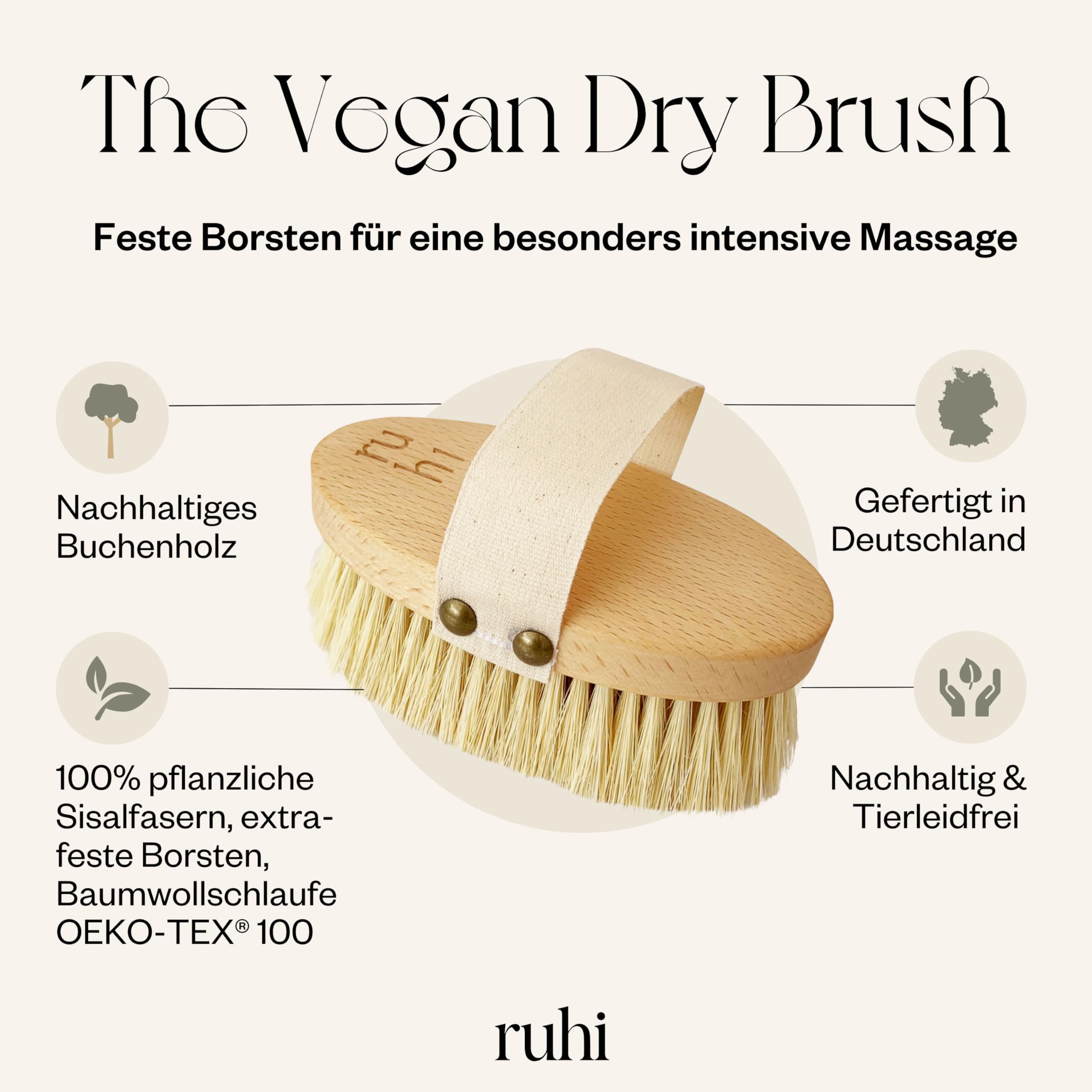 ruhi® Körperbürste Trockenbürste Massagebürste vegan Naturborsten hart Buchenholz Deutschland Trockenbürsten Massage Lymphdrainage
