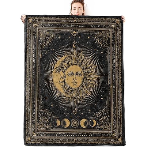 Sun and Moon Flannel Blanket Gifts for Astrology Lover,60x50inch,Vintage Golden Ill...