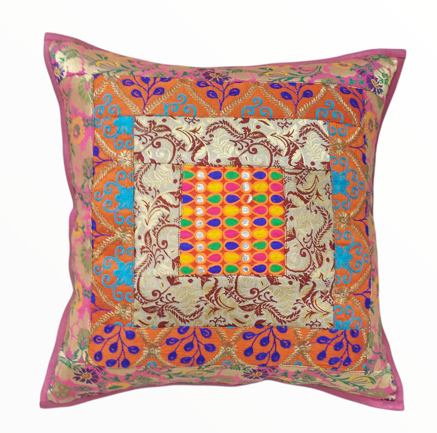 Zariattic Banarsi Brocade Patch-Work Silk Cushion Cover 16 *16 Inch(Set of Two) (Design 1)