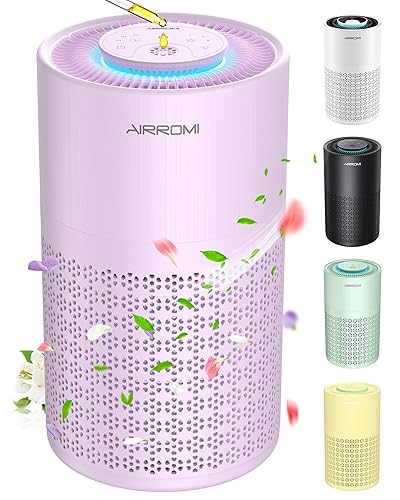 AIRROMI Air Purifier for Bedroom with HEPA 3-in-1 Filter, Pet Air Purifier for Home Cat Pee Smell, Covers Upto 990 Ft², Quiet 360°intake Air Cleaner for Pet Hair,Allergies,Pollen,Smoke A2001 Purple - Purple