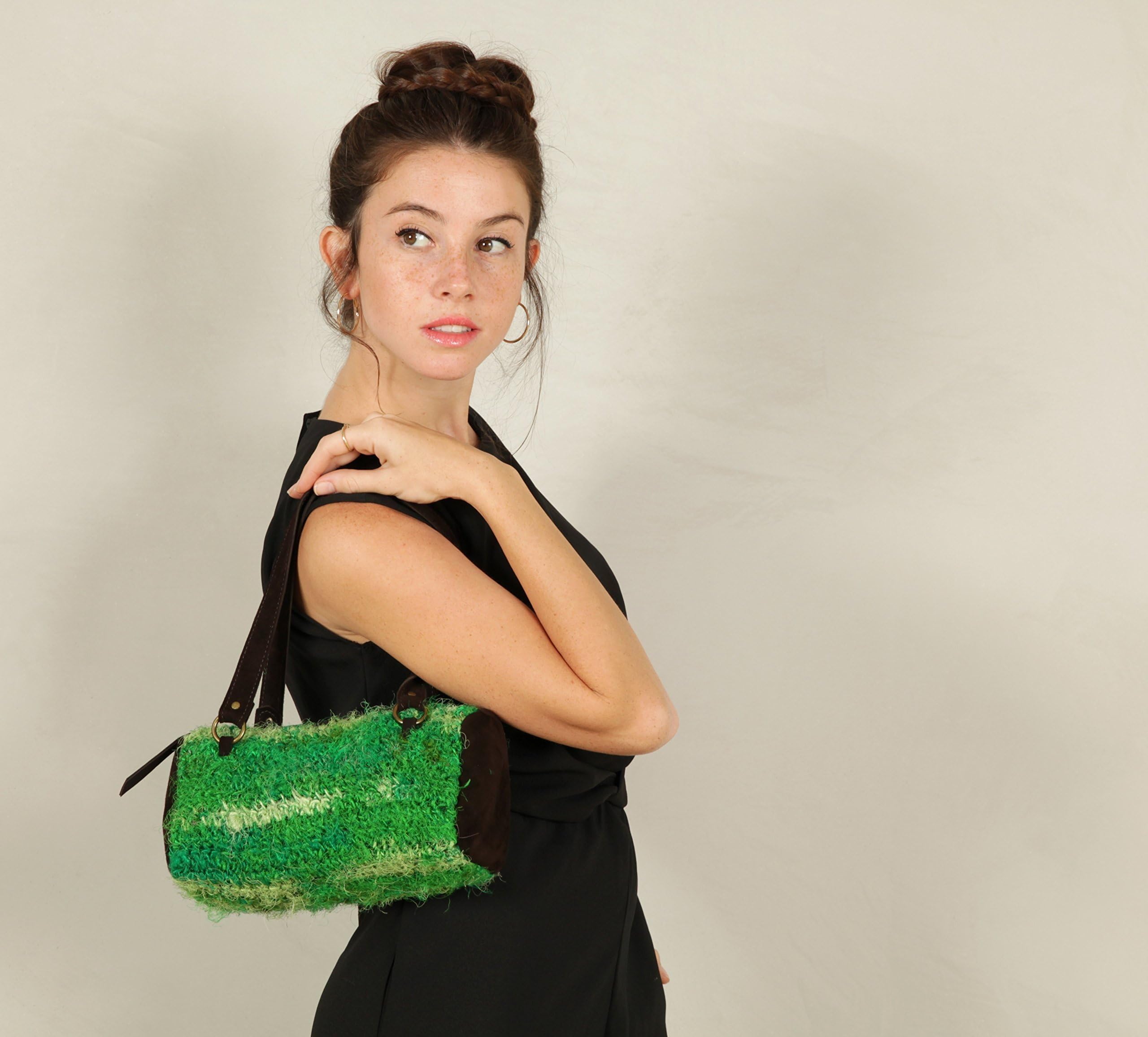 One of a kind! Handmade Shoulder Handbag - Green Soft Silky Hand Knitted Handbag Made of 100% pure Recycled Silk Yarn