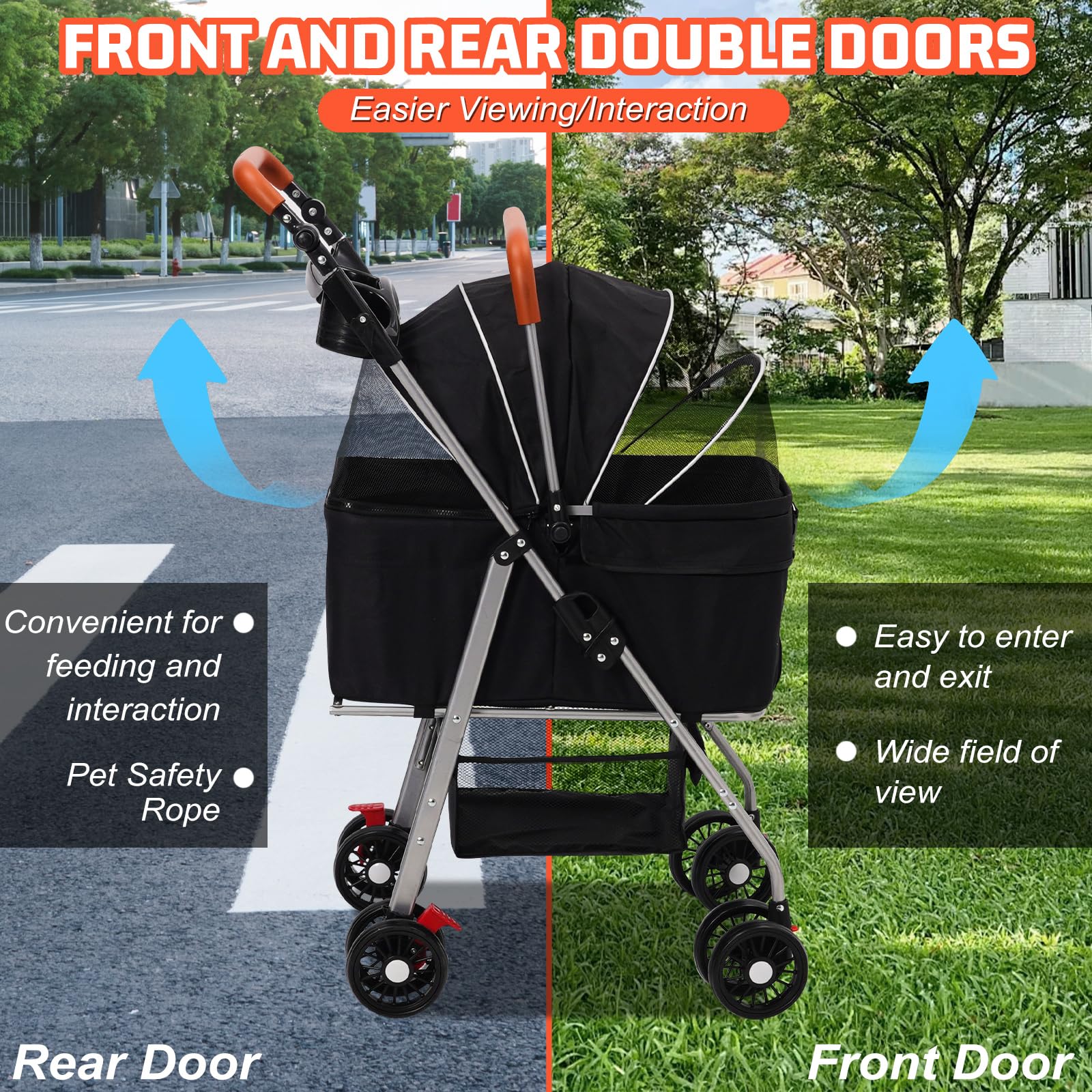 Cochecito para Perros 3 en1,Carro Perro Plegable,Hasta 20kg, Carrito Perro Con Rueda Universal de 360° con Freno,Cesta de Almacenamiento,Ventana de Malla,Portavasos y Asa Ajustable,para Perros Gatos