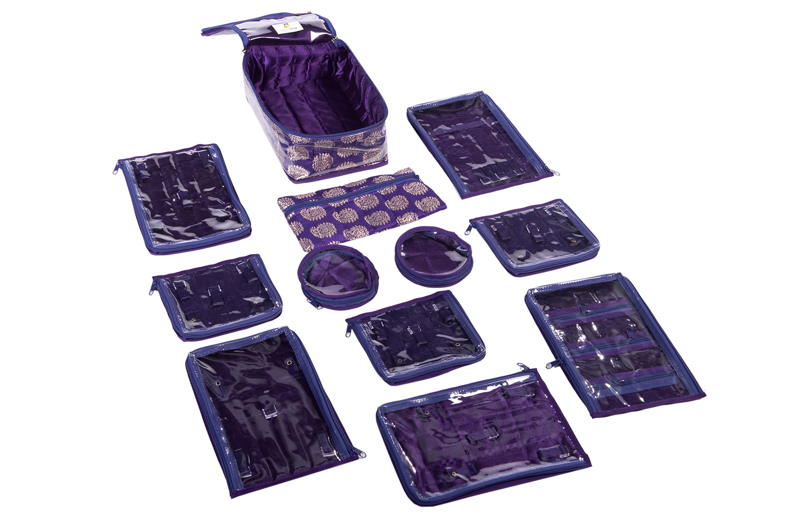 HomeStrap Brocade Jewellery Organizer/Storage with 12 Pouches- Purple (Shark Tank Product)
