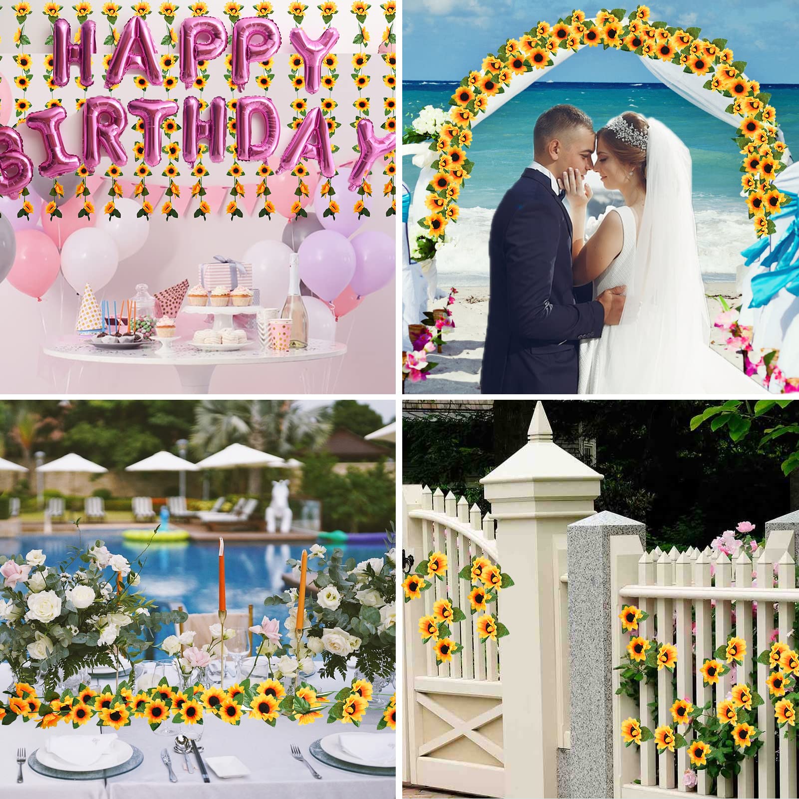 4 Stück künstliche Sonnenblumengirlande, hängende Seide, Sonnenblumen, Ranke mit grünen Blättern, hängende Blumengirlande für Zuhause, Hochzeit, Tischdekoration, Hintergrund