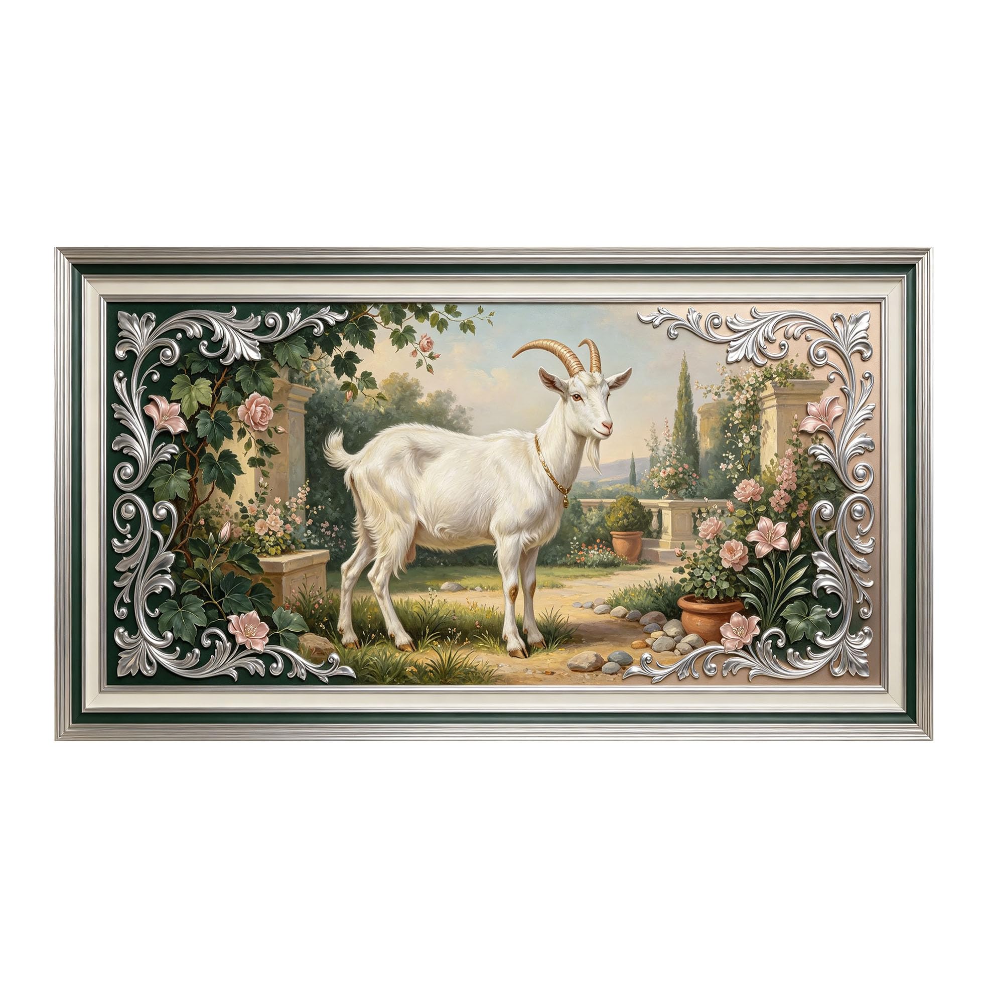 Yzpallescene 3D 3D Framed Wall Art 50cm×90cm Provence Garden Goat Oil Painting Large Size SelfAdhesive Removable Wall Decor Prints Artwork for Living Room Bedroom Office
