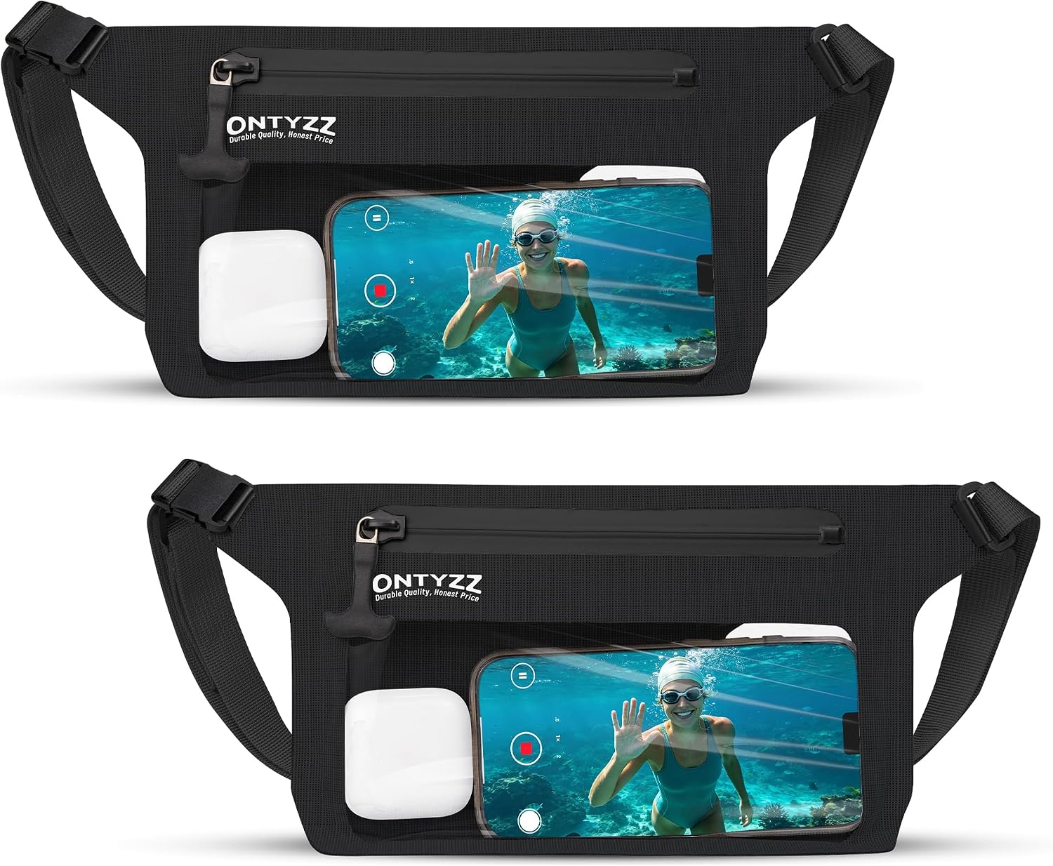 ONTYZZ Phone Pouch IPX8 Waterproof Fanny Pack Dry Bag, 2 Pack Black