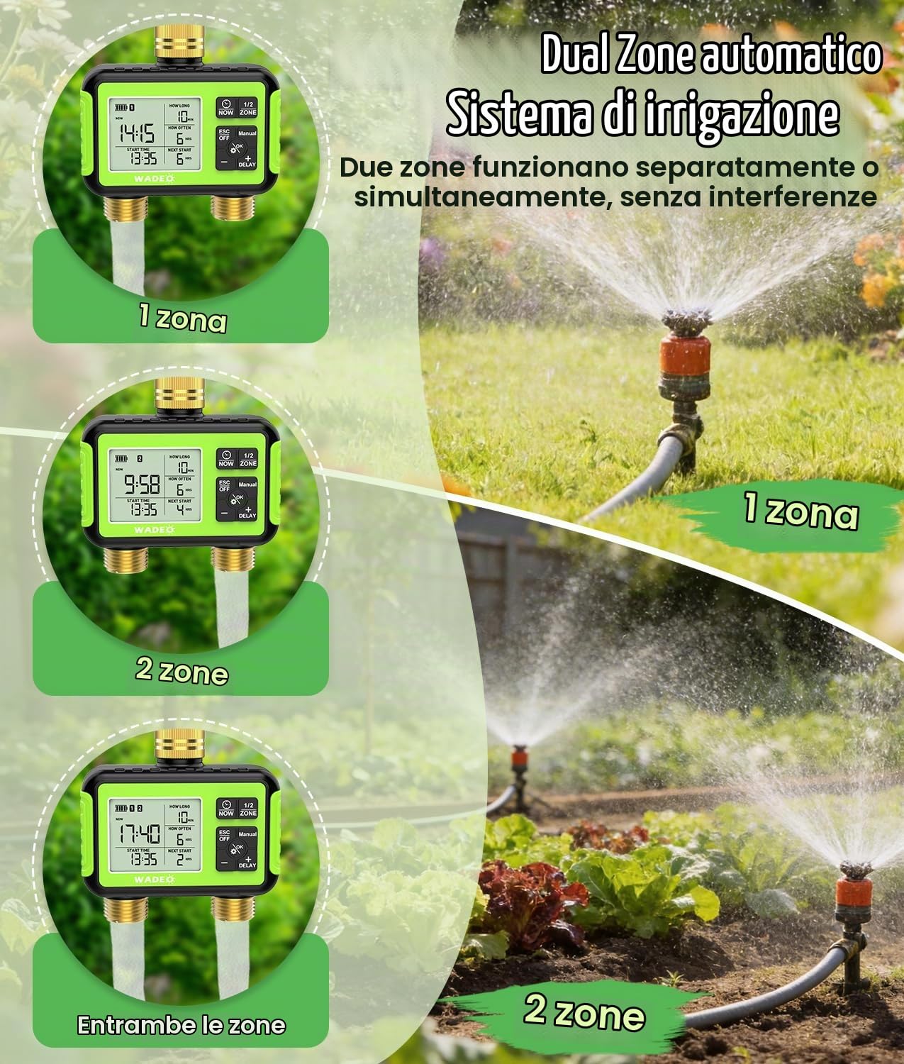 WADEO Timer per Irrigazione, [Raccordi in Ottone] [2 Uscite], Programmabile Automatico/Manuale/Ritardo Pioggia/Blocco Bambini per Giardino, Prato, Patio, Fattoria