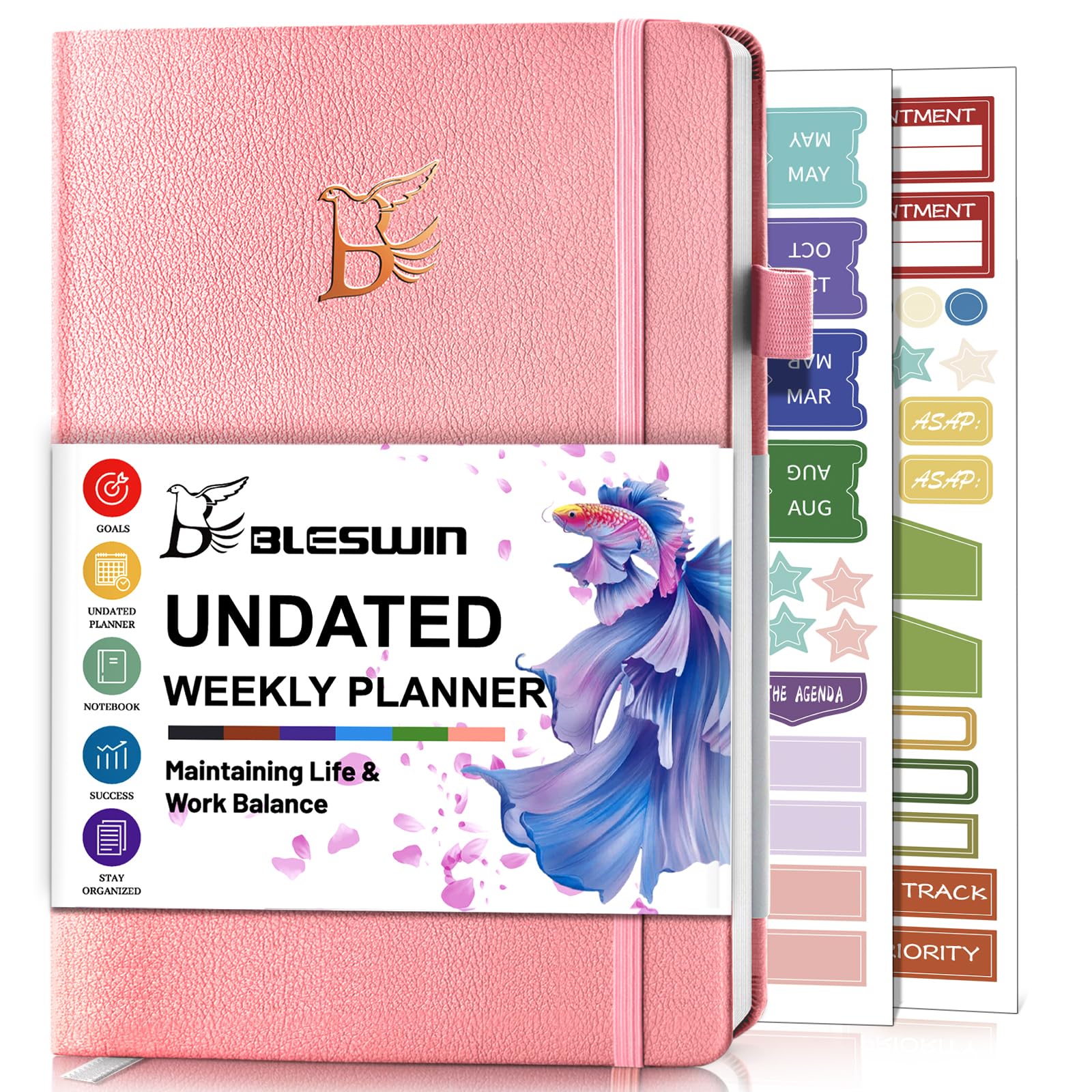 Undated Weekly Planner, A5 Agenda Organizer, Goal Definition with Elastic, Adhesive Pen Loop