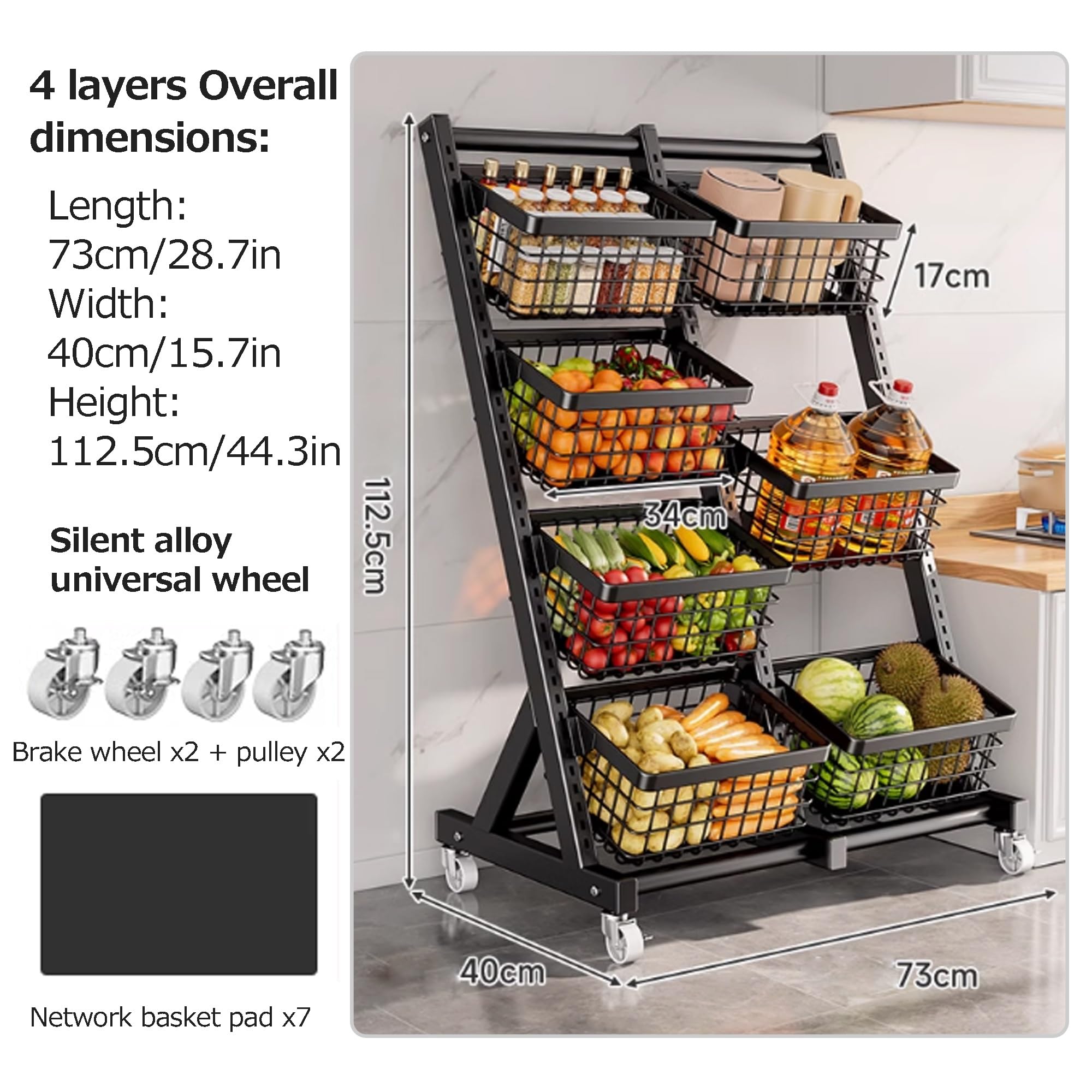 Carrello da cucina multistrato – Floor nding Fruit & Vetable Rack con cestini Sto, versatile nizer domestico, bianco 72,9 x 38,1 cm – Soluzione salvaspazio