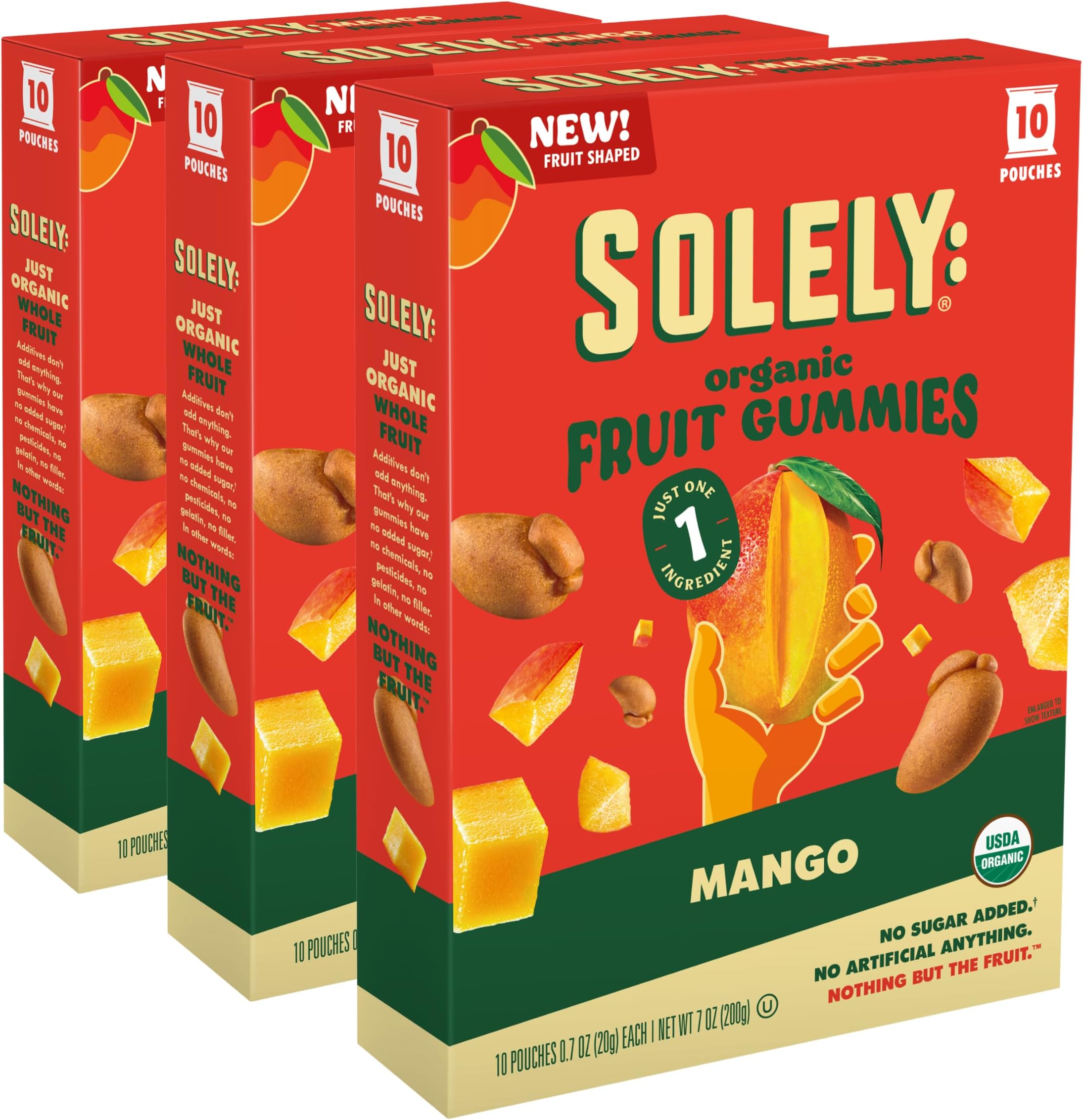SOLELY - Organic Mango Whole Fruit Gummies (Pack of 3 Boxes, 10 Bags per Box) - Real Fresh Fruit - Healthy Snacks for Adults & Kids - Non GMO, Vegan Snacks, Shelf Stable - 30 Bags