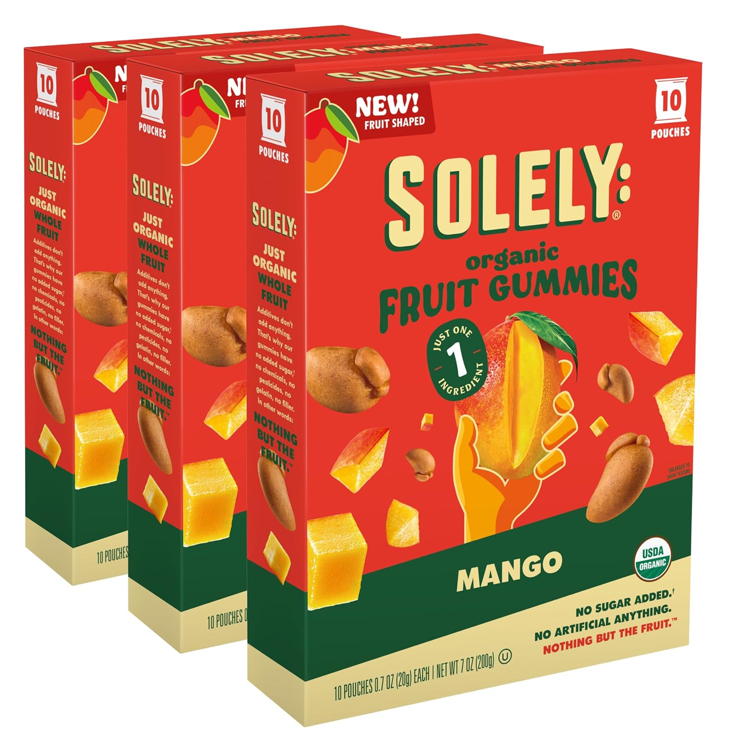 SOLELY - Organic Mango Whole Fruit Gummies (Pack of 3 Boxes, 10 Bags per Box) - Real Fresh Fruit - Healthy Snacks for Adults & Kids - Non GMO, Vegan Snacks, Shelf Stable - 30 Bags