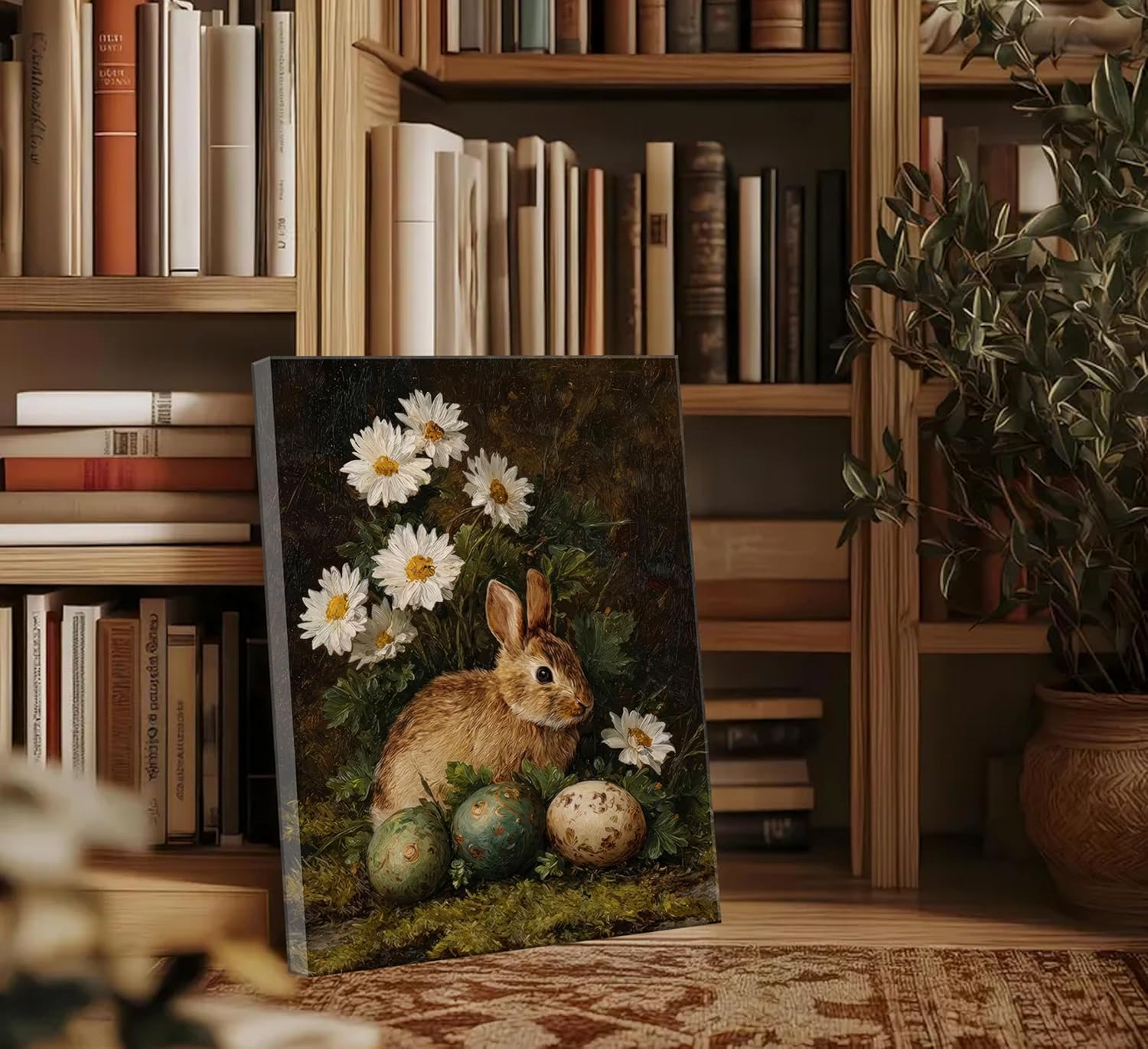 xikafou Vintage Brown Bunny & Daisy Easter Eggs Oil Painting Canvas Wall Art Dark-Toned Spring Rustic Animal Farmhouse Nursery Painting Picture Wall Decor for Bedroom Living Room Kitchen