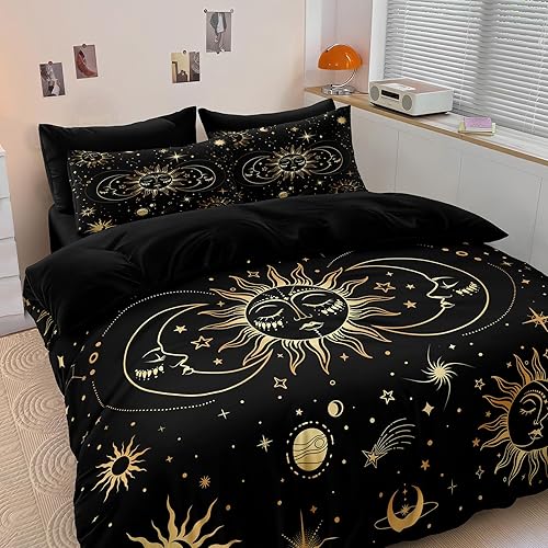 MOVE OVER Juego de 8 piezas Universo en una bolsa tamaño King juego de edredón negro dorado juego de edredón Sol y Luna juego de edredón suave y