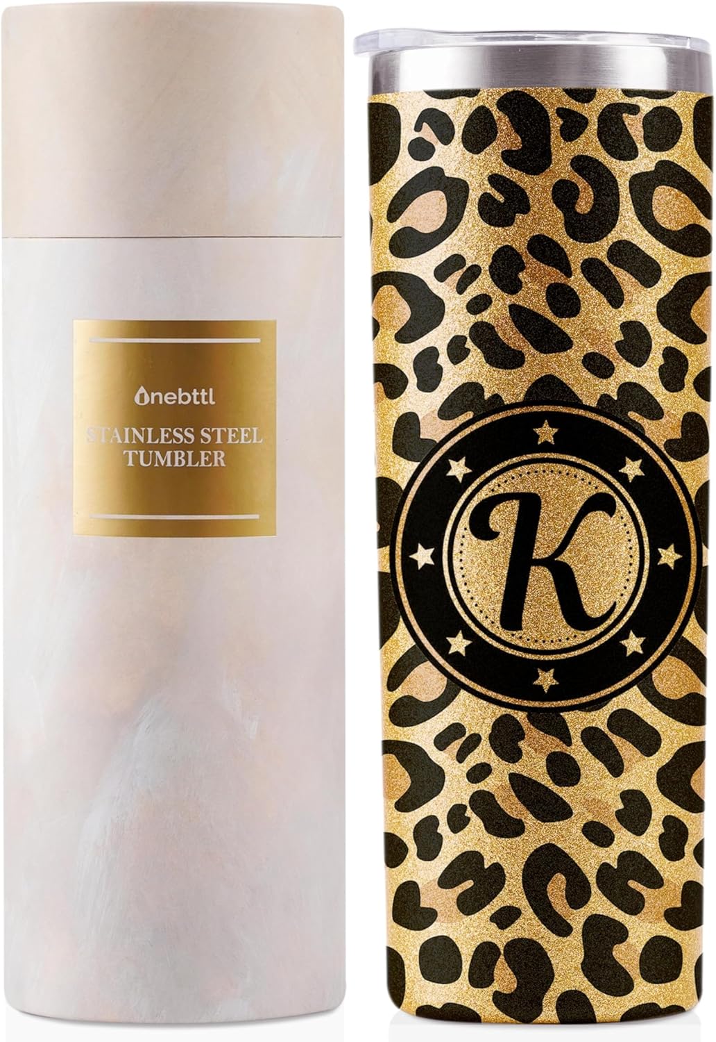Onebttl Personalized Leopard Cup with Initial – Unique Gifts for Women Who Have Everything on Birthday, Christmas – 20 oz Double-Wall Vacuum Tumbler with Lid and Straw – Golden Glitter – Letter K