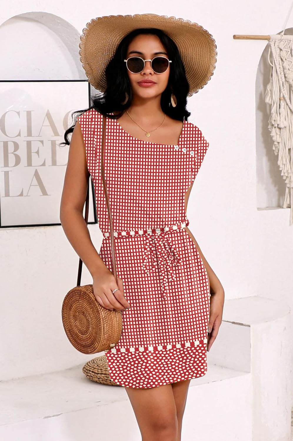 SAUKOLE Womens Summer Dress Casual Cap Sleeve Square Neck Buttons Short Dress with Pockets Loose Drawstring Waist Dresses - Image 2