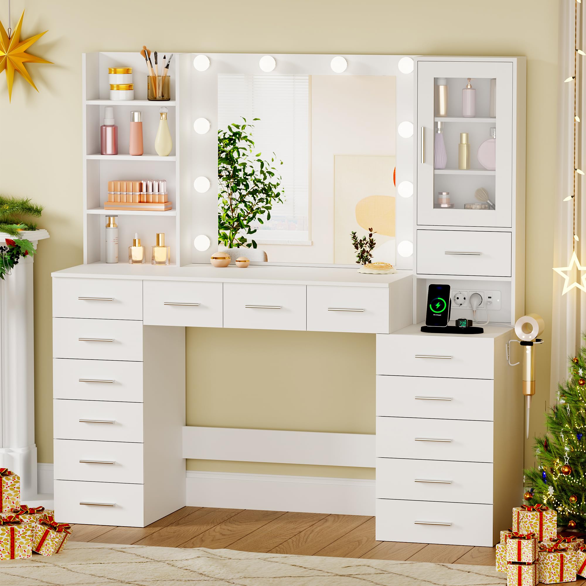 ANWBROAD Grande Tocador con luz LED, Brillo Regulable,Tocador de Maquillaje con Espejo y Enchufes, Mesa de Maquillaje con 15 cajones y 7 Estantes Abiertos para Dormitorio,Blanco Moderno BDT37W