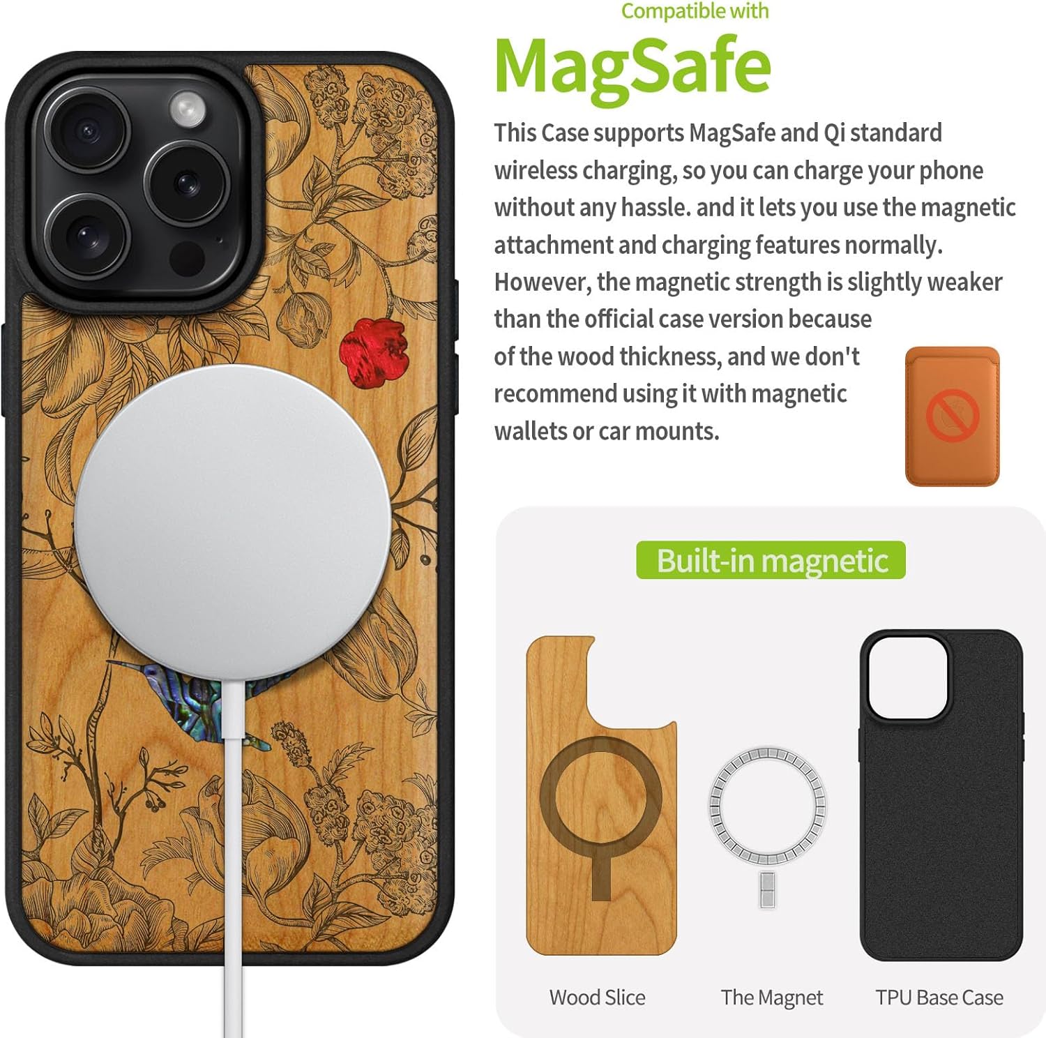 Carveit Magnetic Case for iPhone 16 Pro Max Case, Wood Artisan Engraved & Handmade Shell Inlaid, TPU Shockproof Cover, Compatible with MagSafe Wireless Chargers (A Dance of Flora and Avian) Cherry